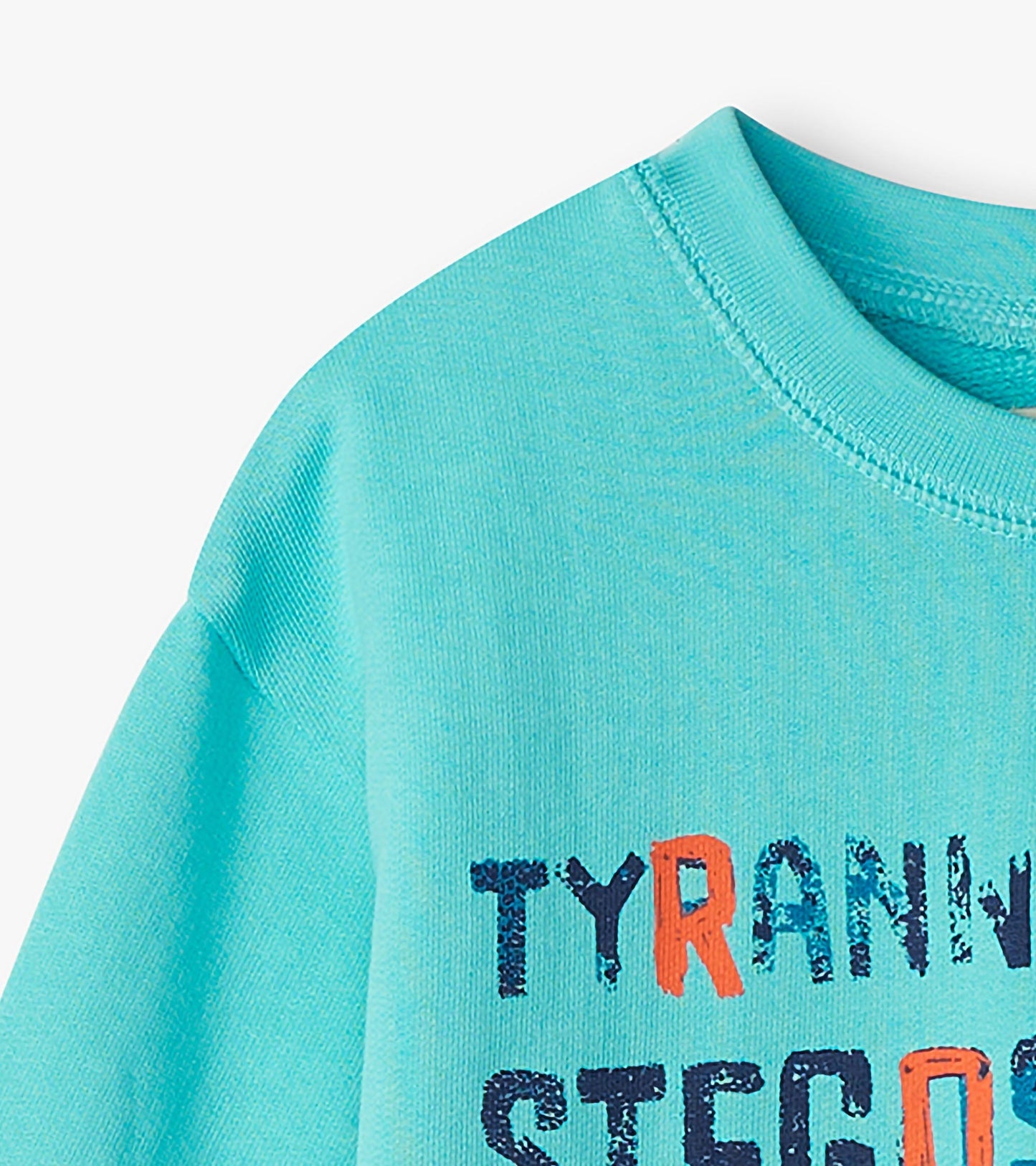 Turquoise sweatshirt featuring dinosaur-themed text in bold colors, perfect for boys.