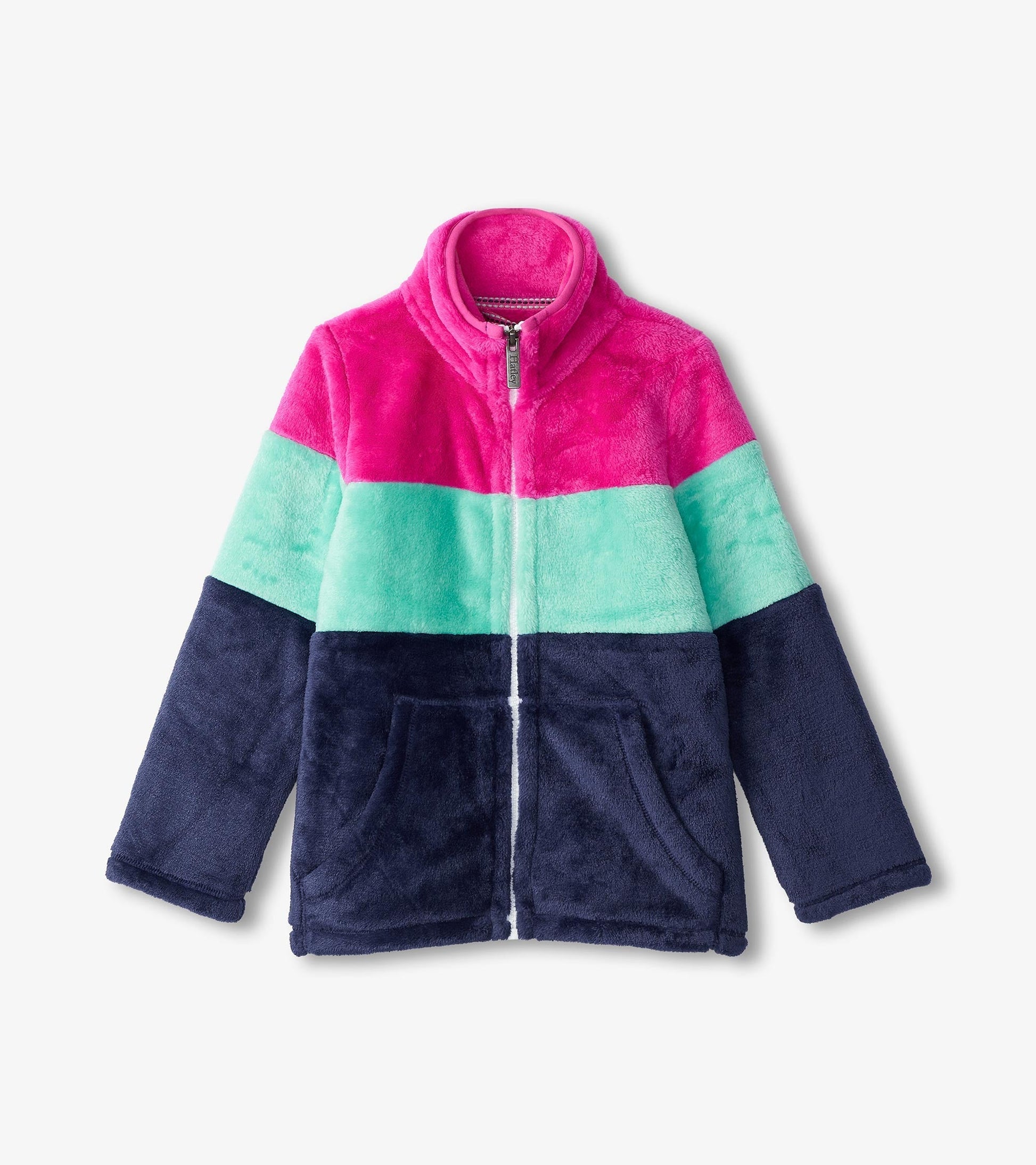 Fuzzy fleece zip-up jacket in pink, mint, and navy colorblock design with two front pockets and a high collar.