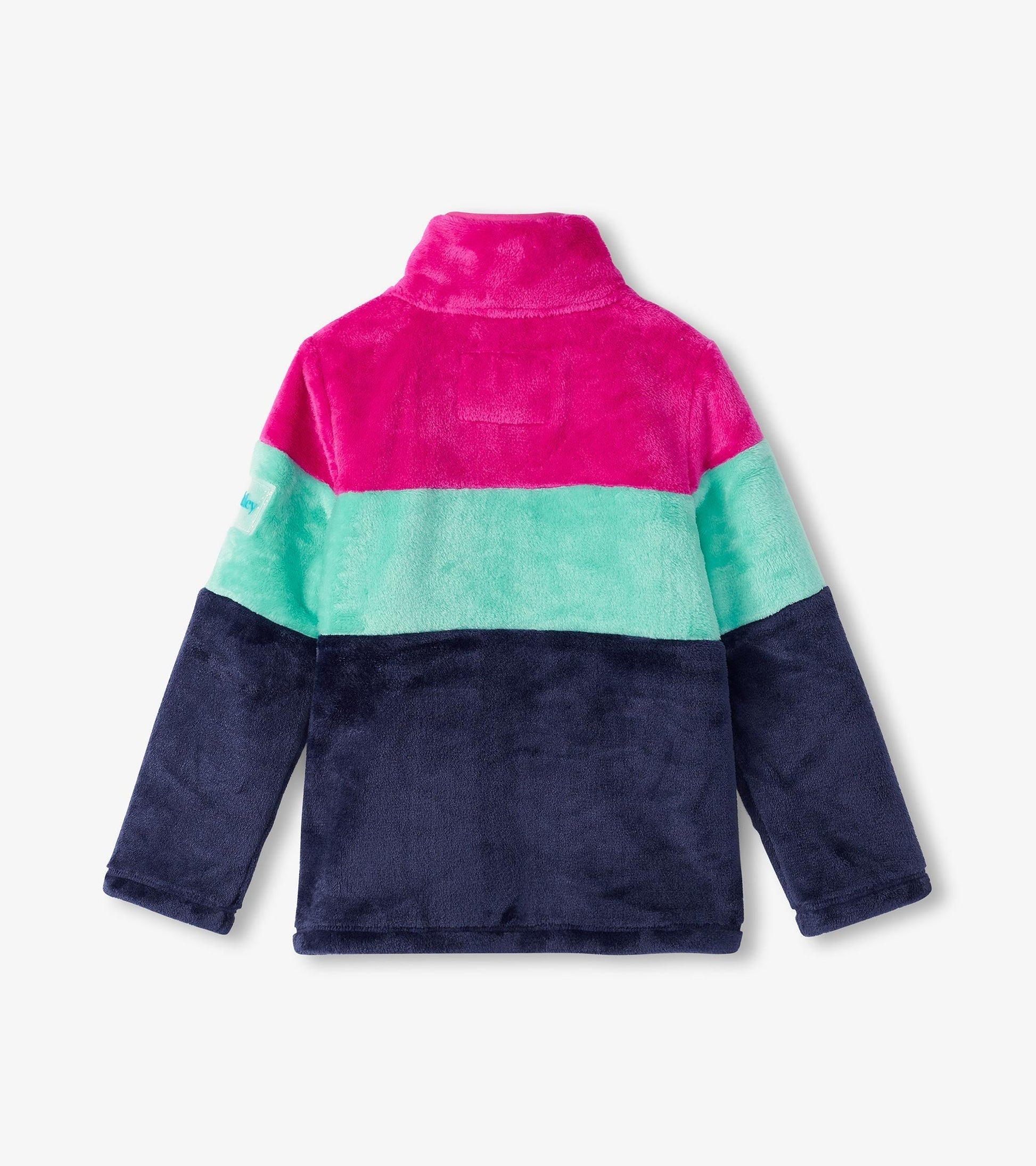 Fuzzy fleece zip-up jacket featuring colorblock stripes in pink, mint green, and navy blue, with a high collar.