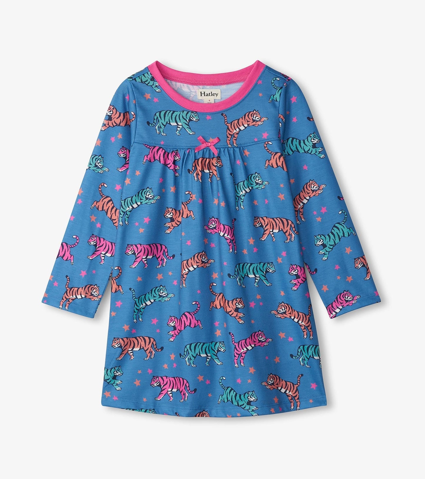 Blue long-sleeve nightgown featuring colorful celestial tiger patterns and a pink neckline.