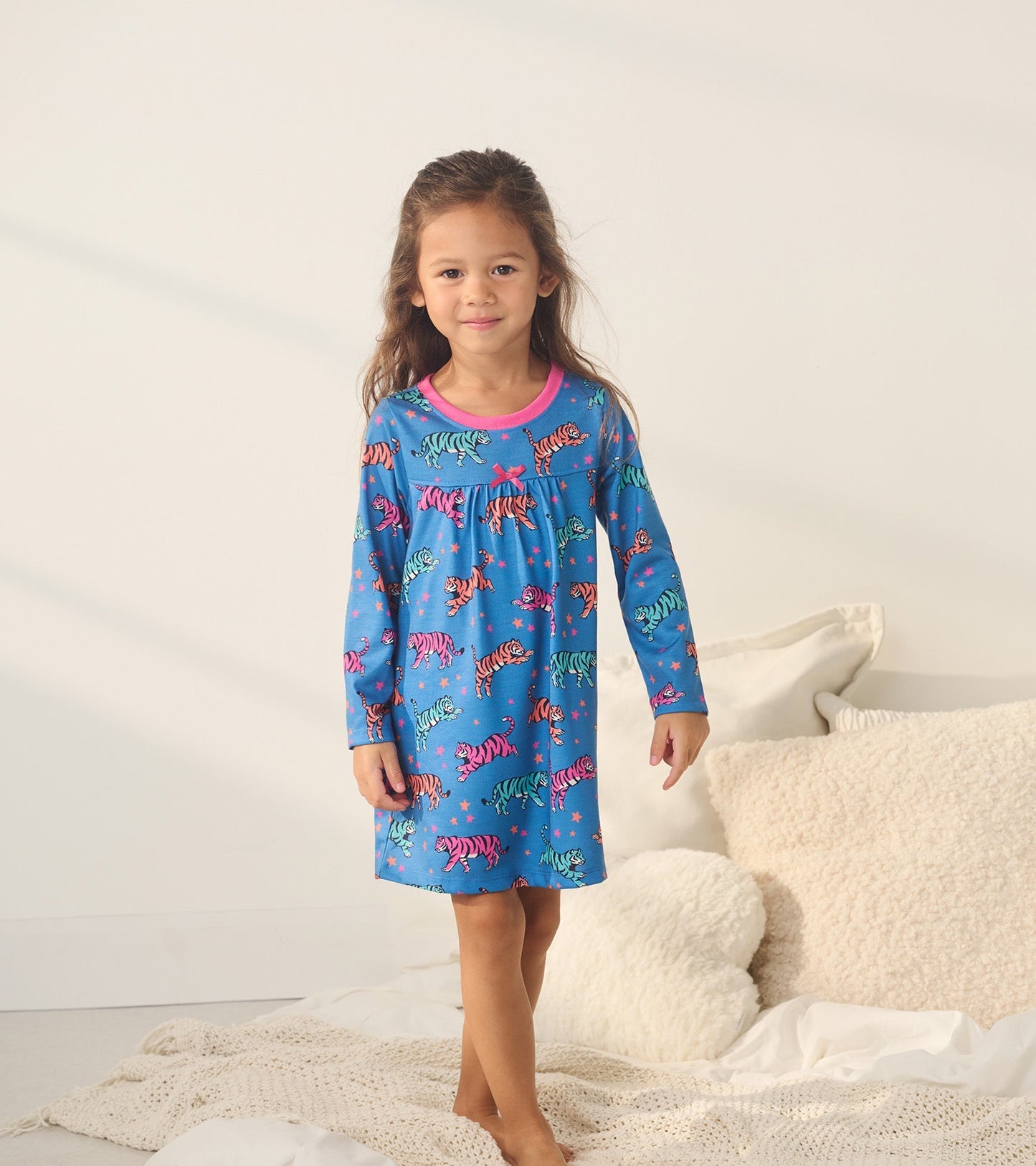 Blue nightgown featuring colorful celestial tiger print and long sleeves, perfect for girls.