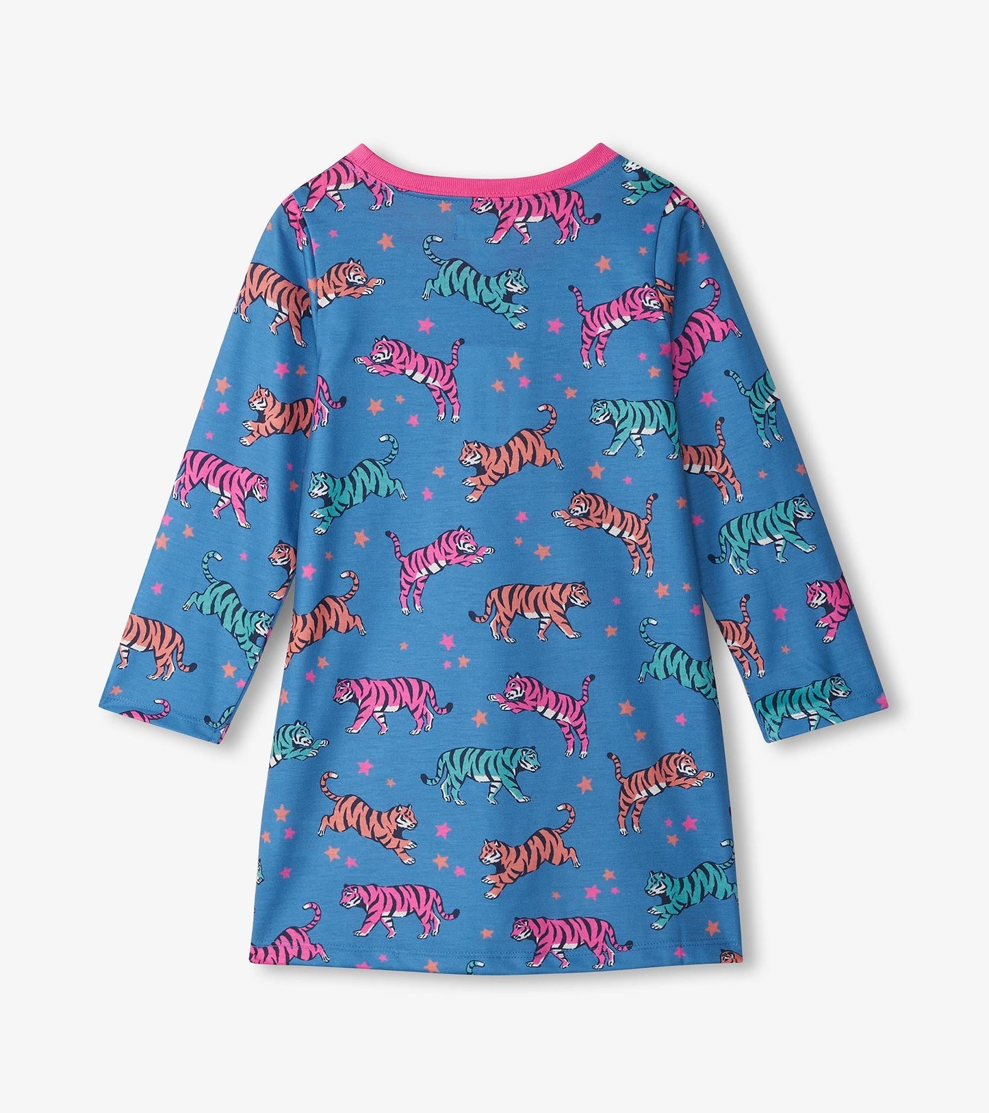 Long-sleeve nightgown in blue with colorful tiger and star pattern, featuring a pink neckline.