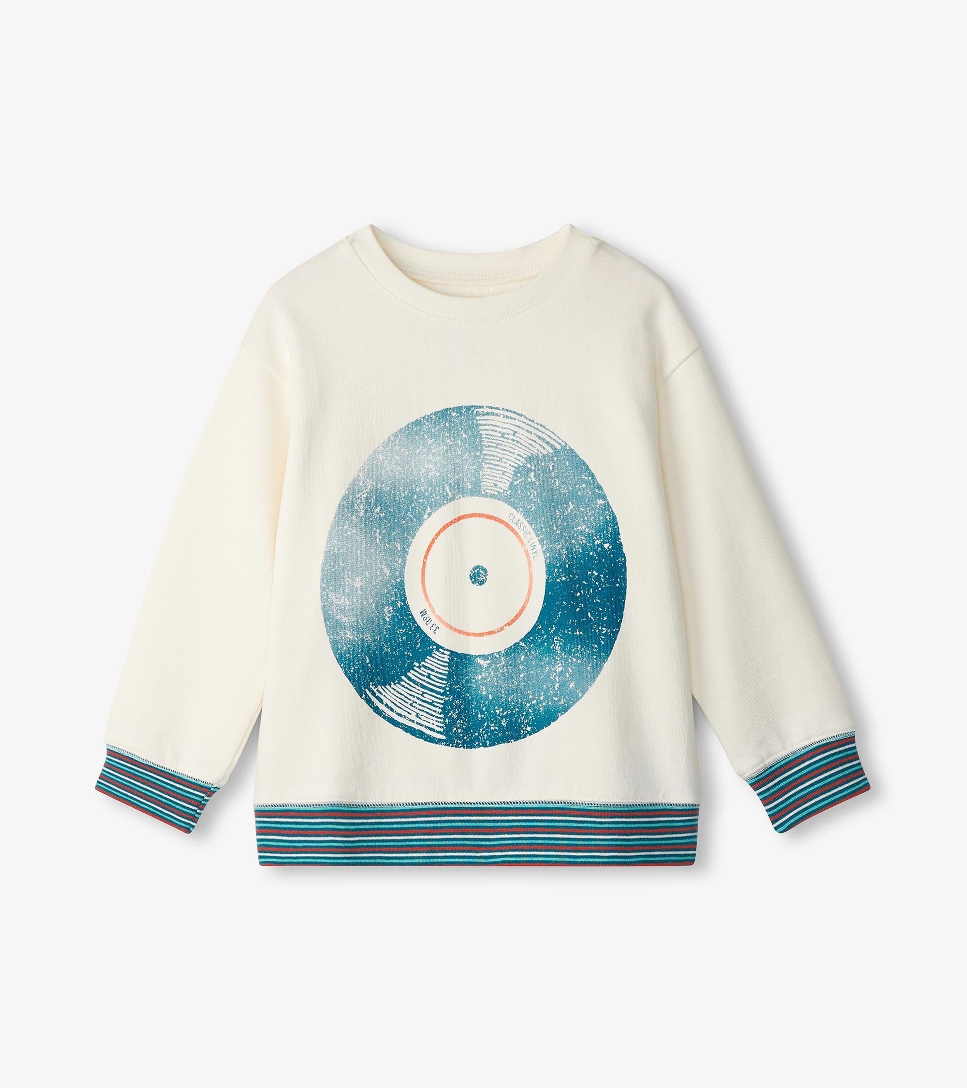 Cream sweatshirt featuring a blue vinyl record graphic and striped cuffs. Perfect for casual wear.