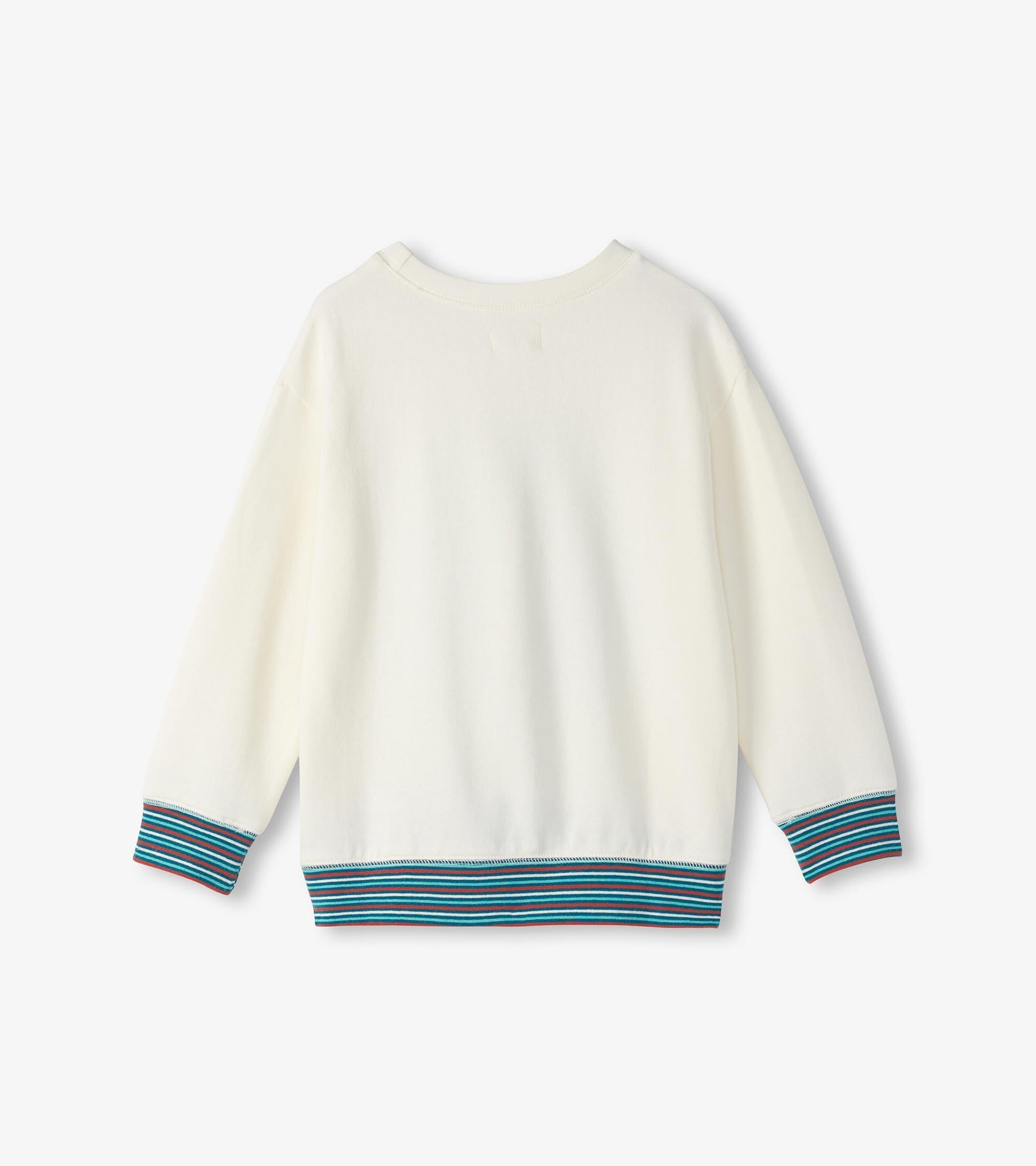 Cream sweatshirt with long sleeves and multicolored striped cuffs, shown from the back.