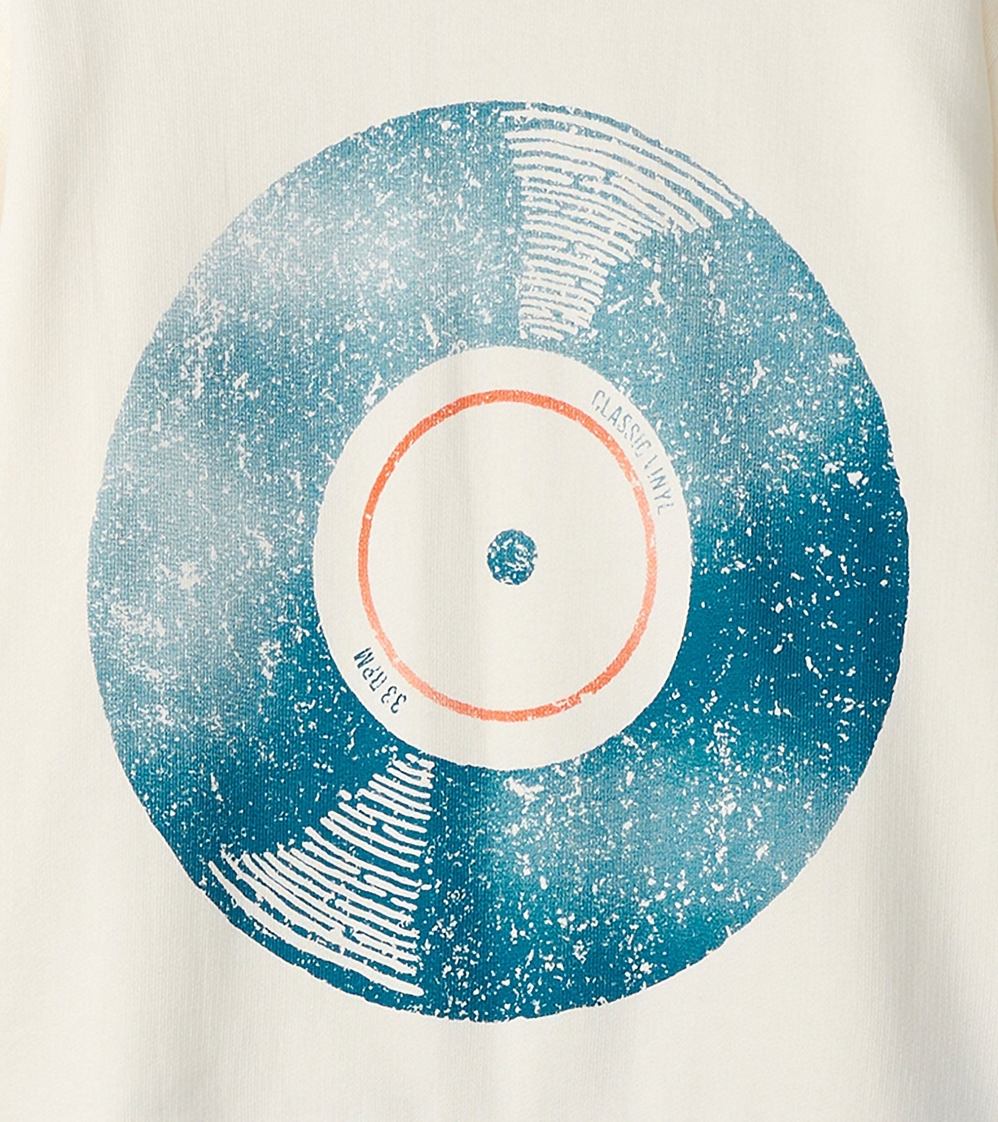 Cream sweatshirt featuring a vintage vinyl record graphic in blue and orange tones.