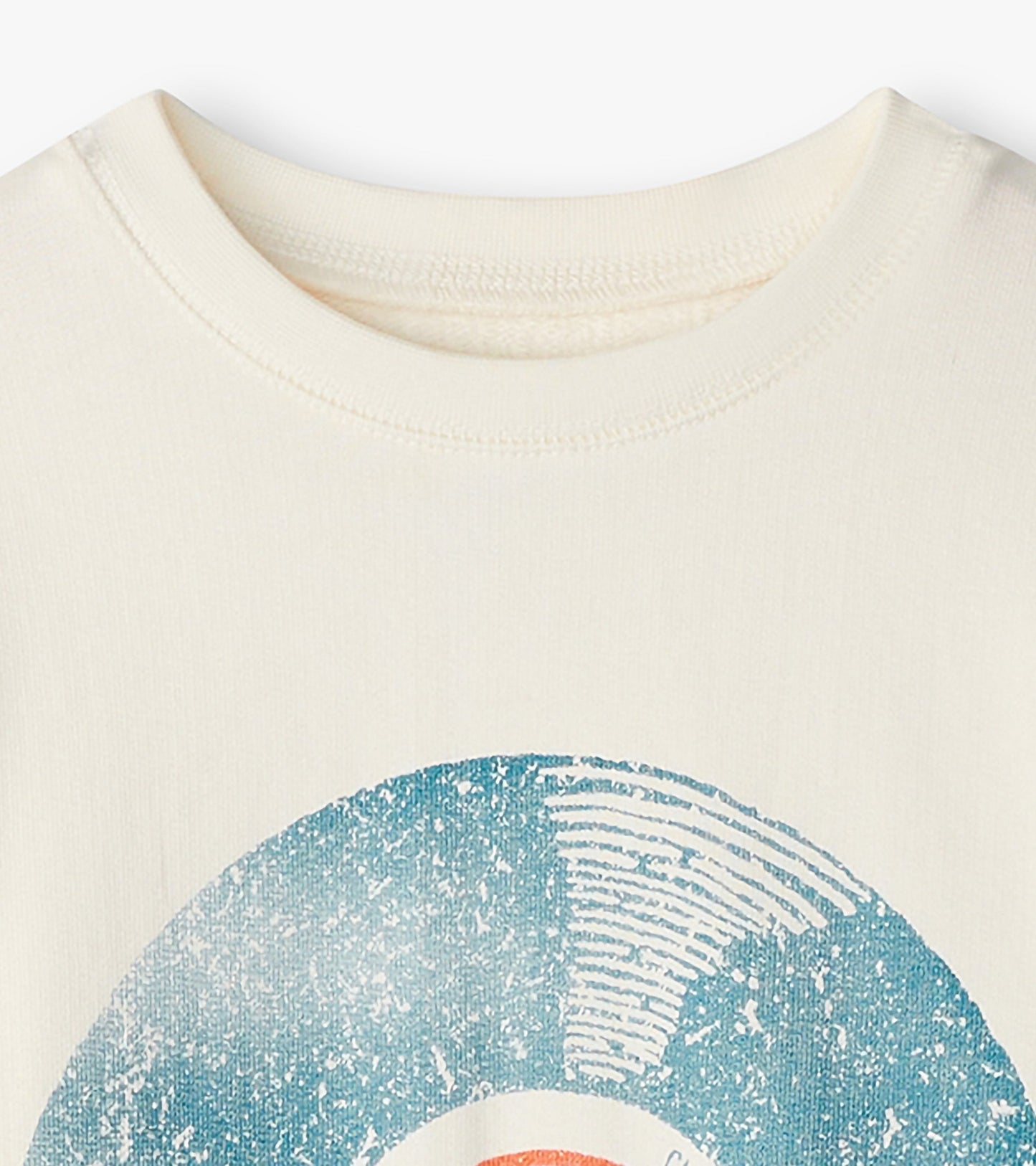 Cream sweatshirt featuring a vintage vinyl record graphic in blue and orange.
