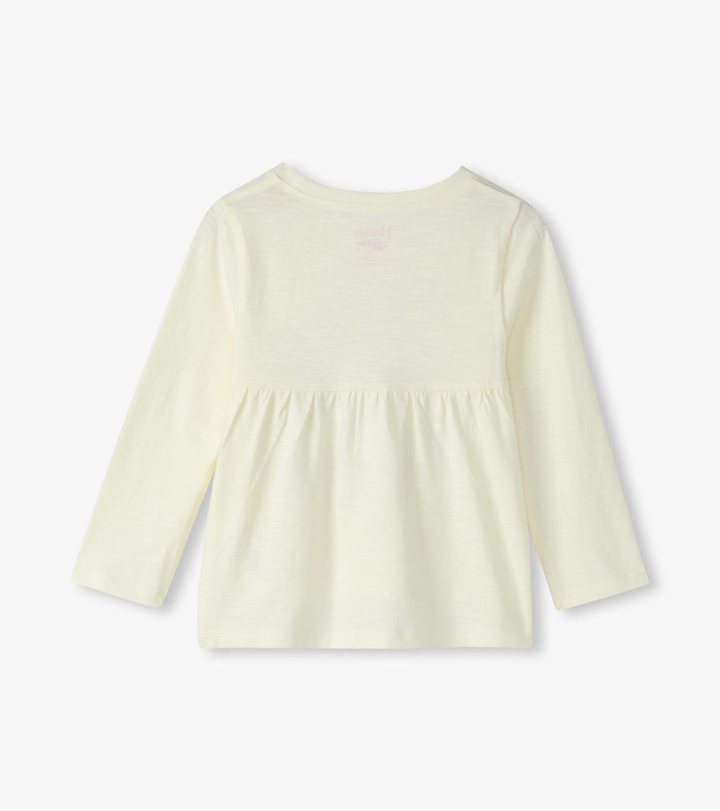 Light yellow long sleeve t-shirt with a gathered waist, suitable for babies and toddlers. Back view shown.
