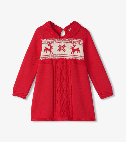 Red cable knit sweater dress featuring a festive reindeer pattern and a cozy collar, ideal for baby and toddler wear.