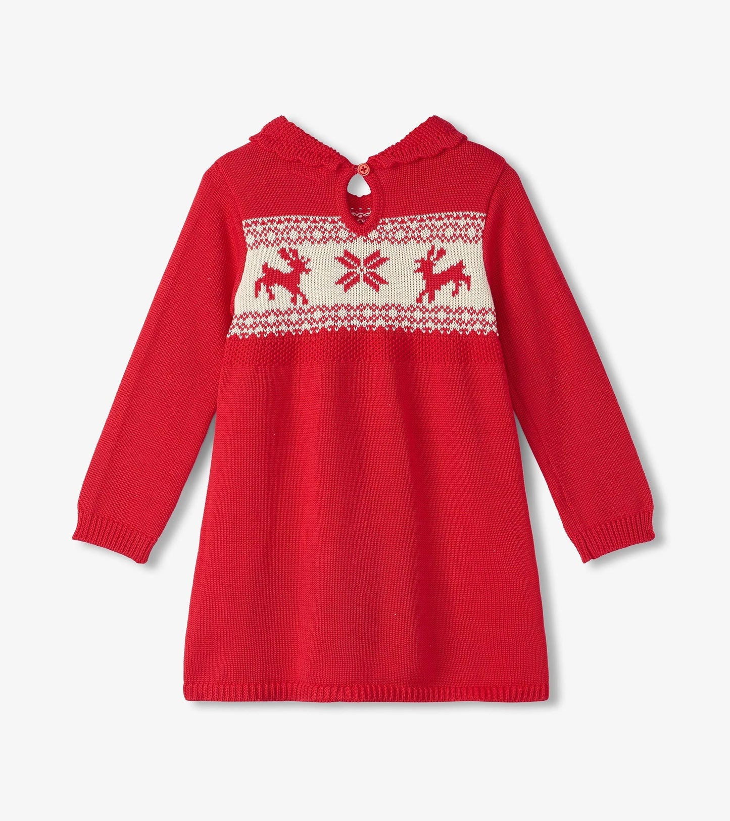 Red cable knit sweater dress featuring a festive reindeer pattern and a button closure at the back.