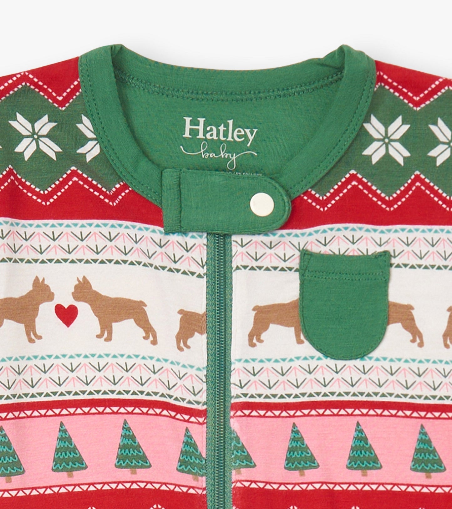 Red and green footed sleeper featuring puppy and heart patterns, with a front zipper and a chest pocket.
