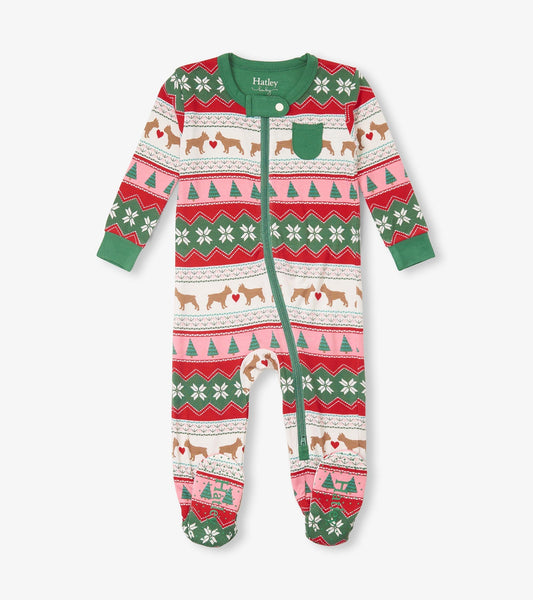 Bamboo footed sleeper in festive patterns with puppies, hearts, and trees, featuring a green collar and zip closure.