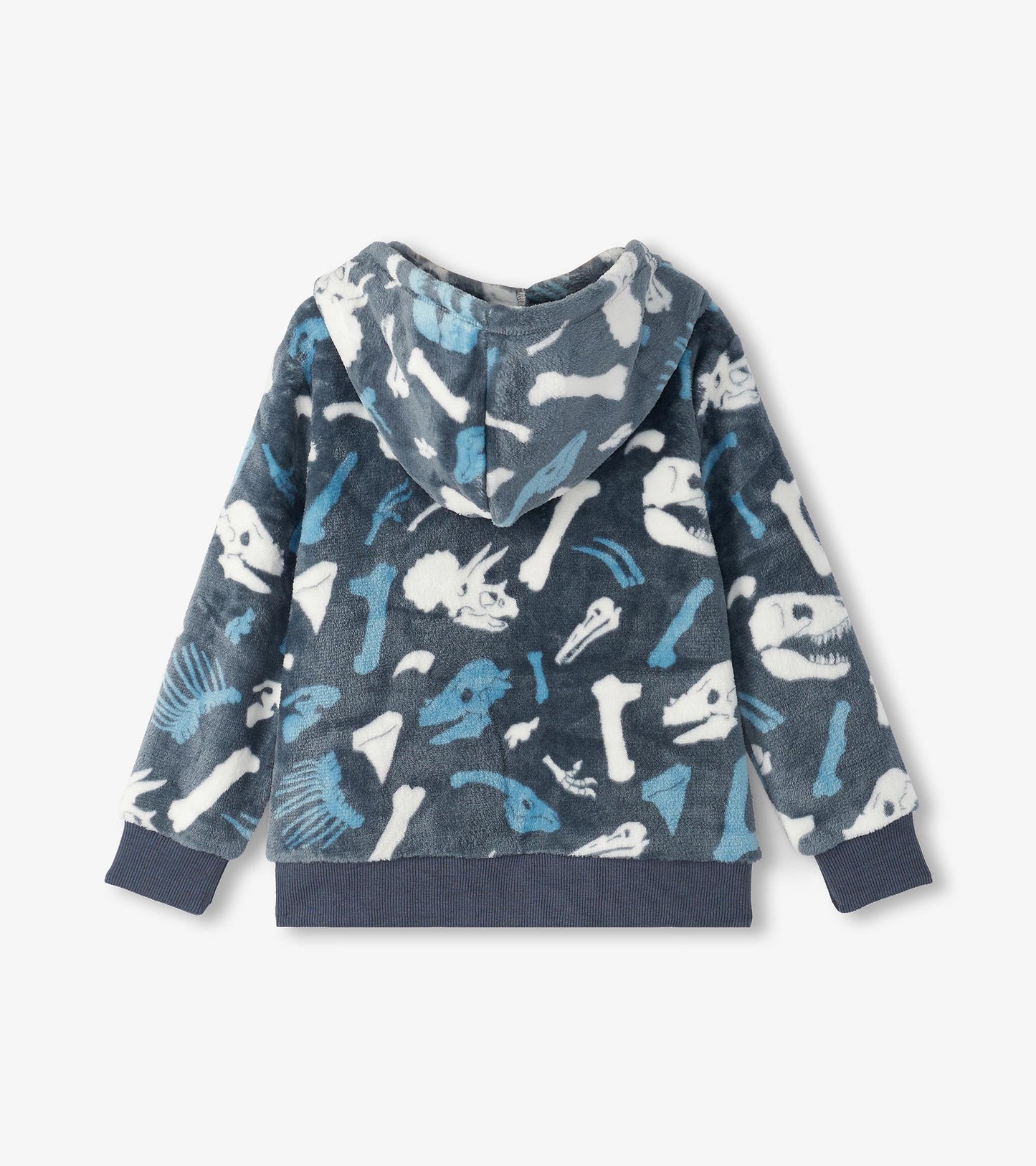 Navy fleece zip-up hoodie featuring dinosaur fossil patterns in white and blue, with a hood and ribbed cuffs.