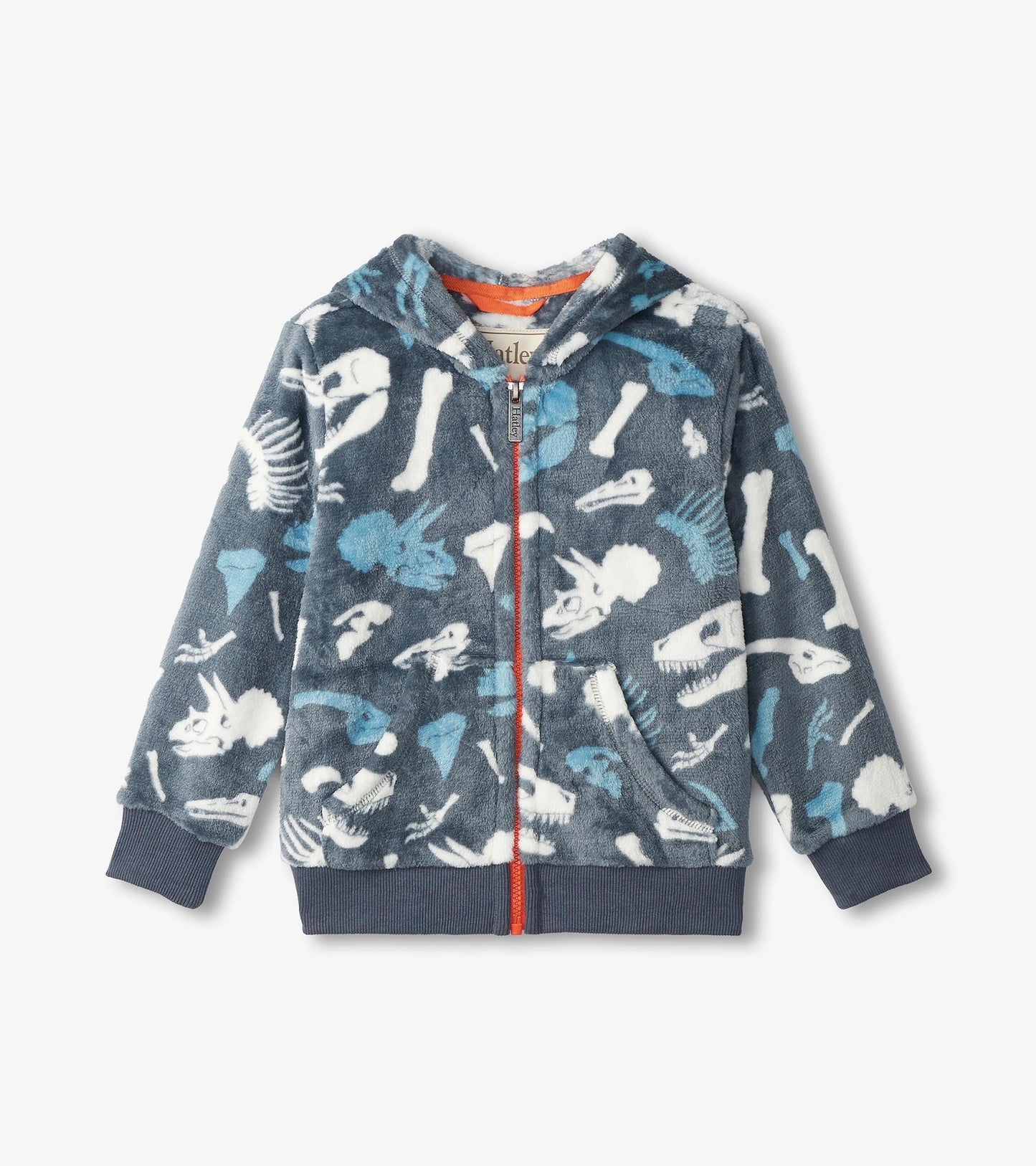 Fleece zip-up hoodie featuring a dinosaur fossil print in blue and white on a dark gray background.