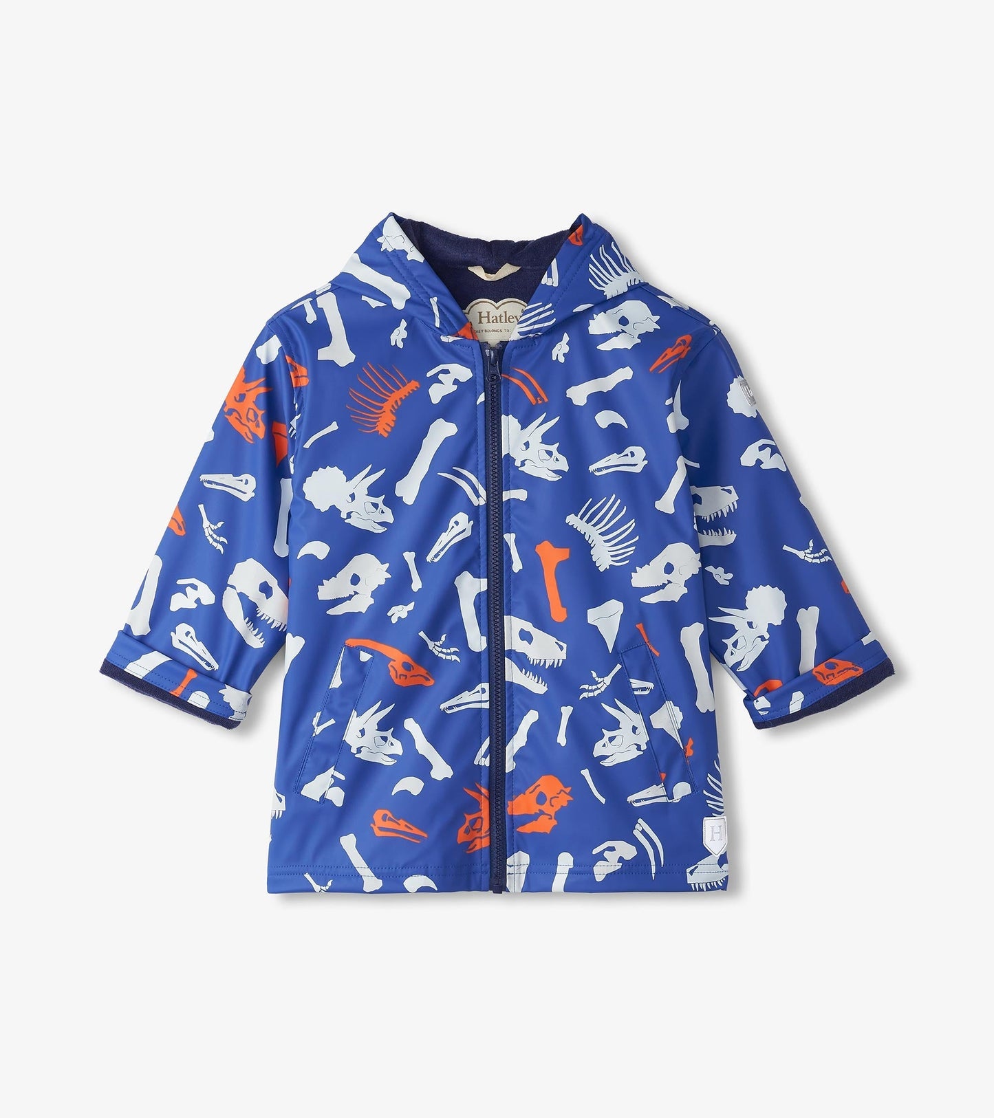 Blue zip-up raincoat featuring white and orange dinosaur fossil patterns, with a hood and pockets.
