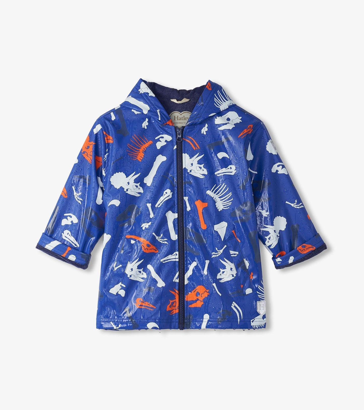 Blue zip-up raincoat featuring colorful dinosaur fossil prints, designed for boys, with a hood and short sleeves.