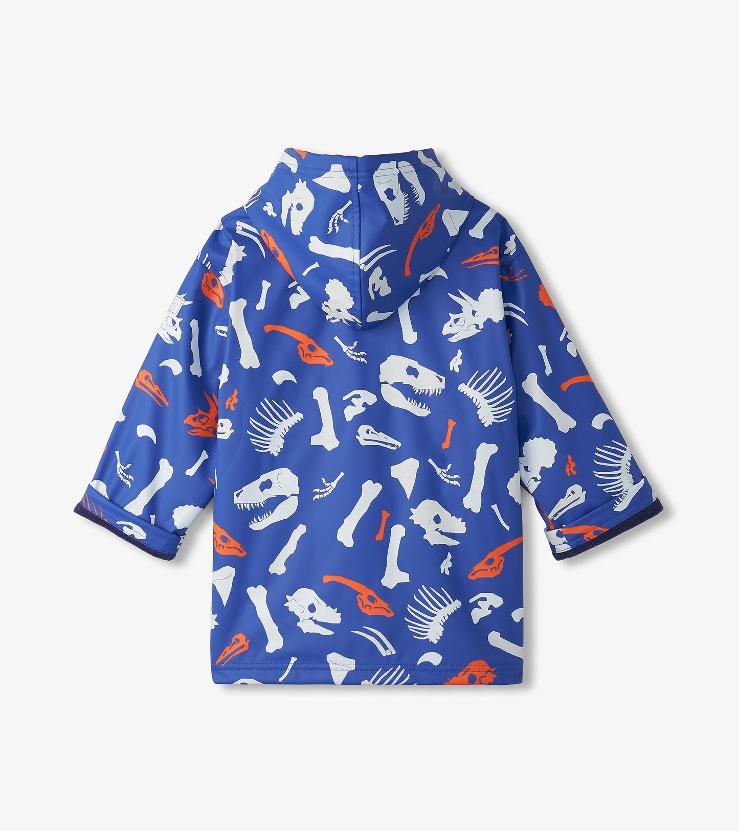 Blue zip-up raincoat featuring white and orange dinosaur fossil patterns, with a hood and short sleeves.