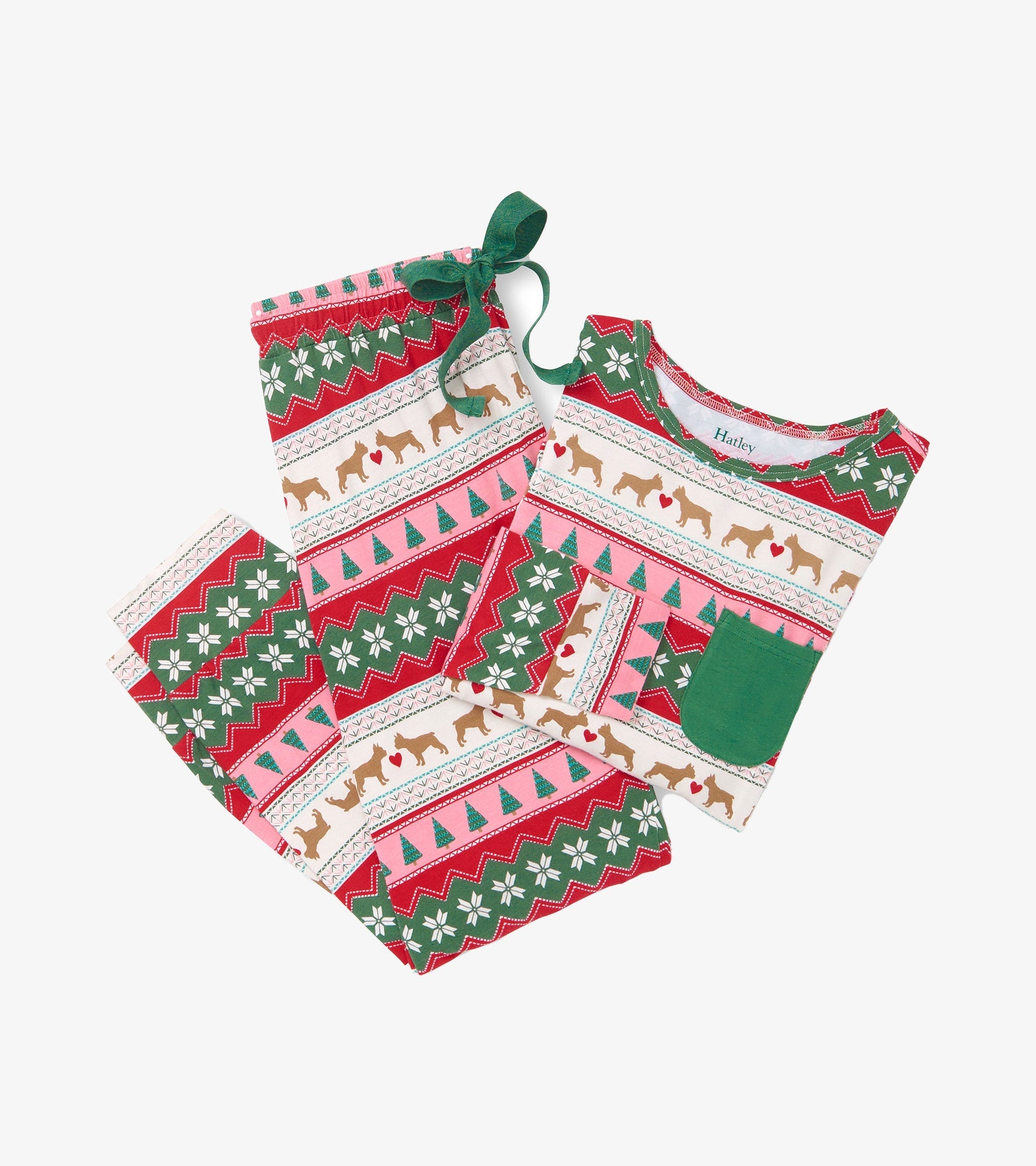 Bamboo pyjama set featuring a festive puppy hearts Fairisle pattern in red, green, and white, with a pocket on the top.