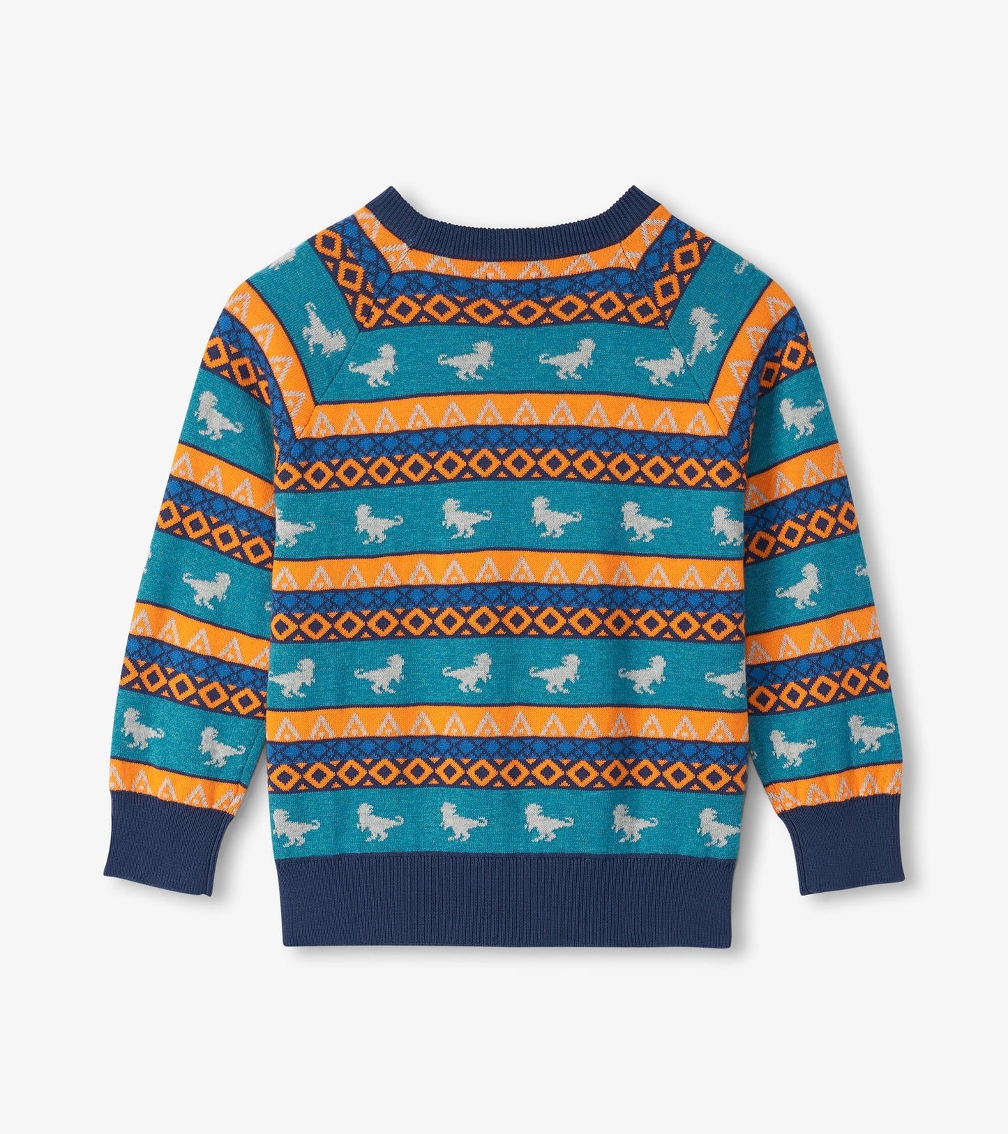 Teal sweater featuring a dinosaur pattern with orange and blue geometric stripes, ribbed cuffs, and crew neckline.