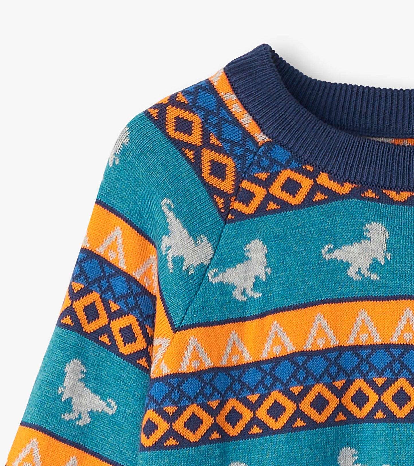 Colorful boys' sweater featuring a dinosaur pattern with blue, orange, and gray hues, ideal for casual wear.