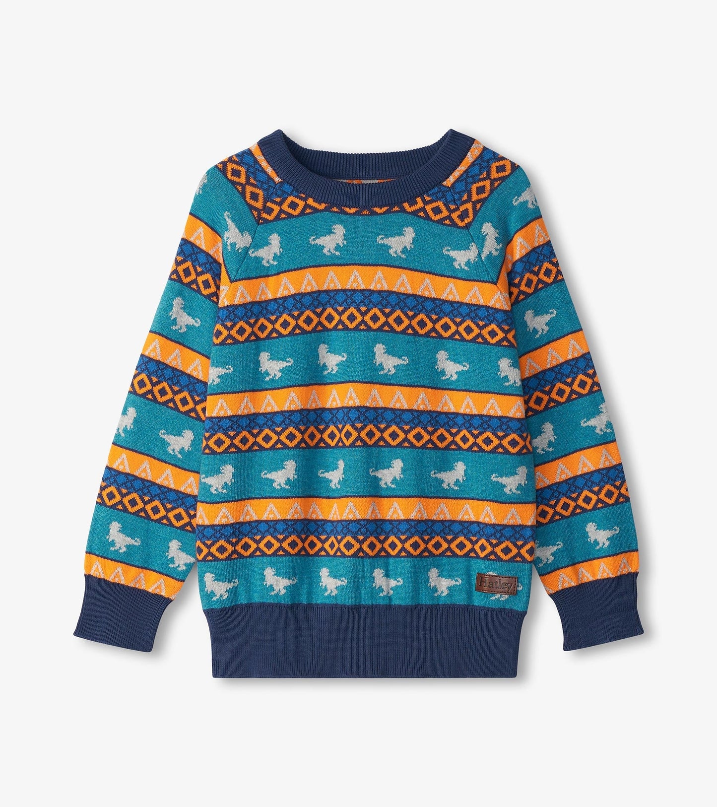 Blue dinosaur sweater featuring colorful patterns and a ribbed neckline, suitable for boys aged 2 to 12.