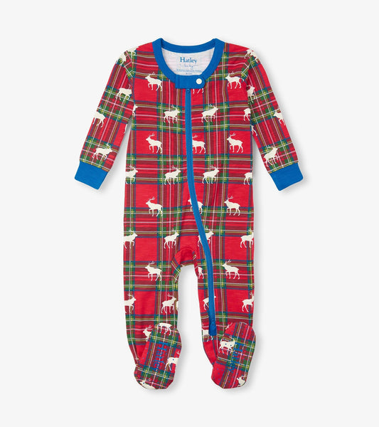 Red plaid cotton footed sleeper featuring white elk designs and a blue neckline, suitable for infants.
