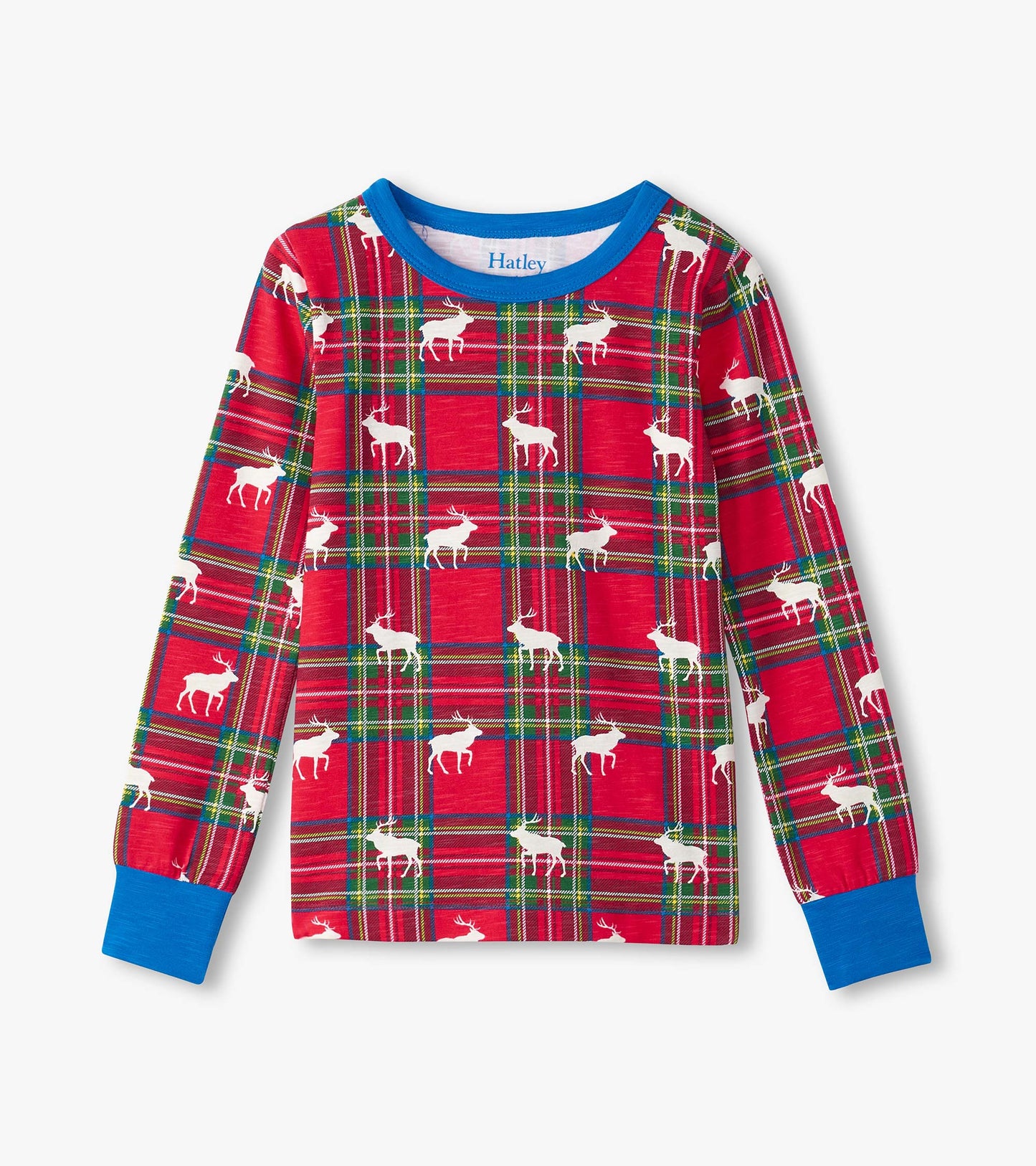 Red plaid pyjama top featuring white elk patterns and blue cuffs, designed for boys.