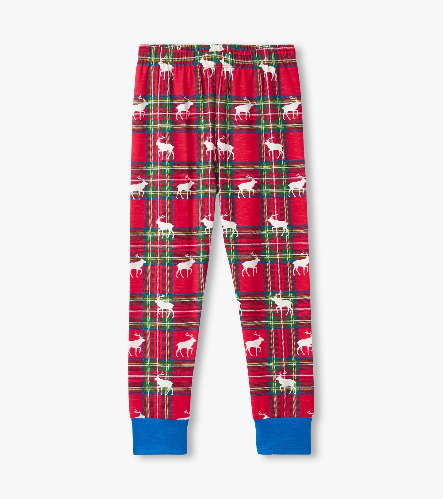 Red plaid pyjama pants featuring white elk silhouettes and blue cuffs, designed for boys.