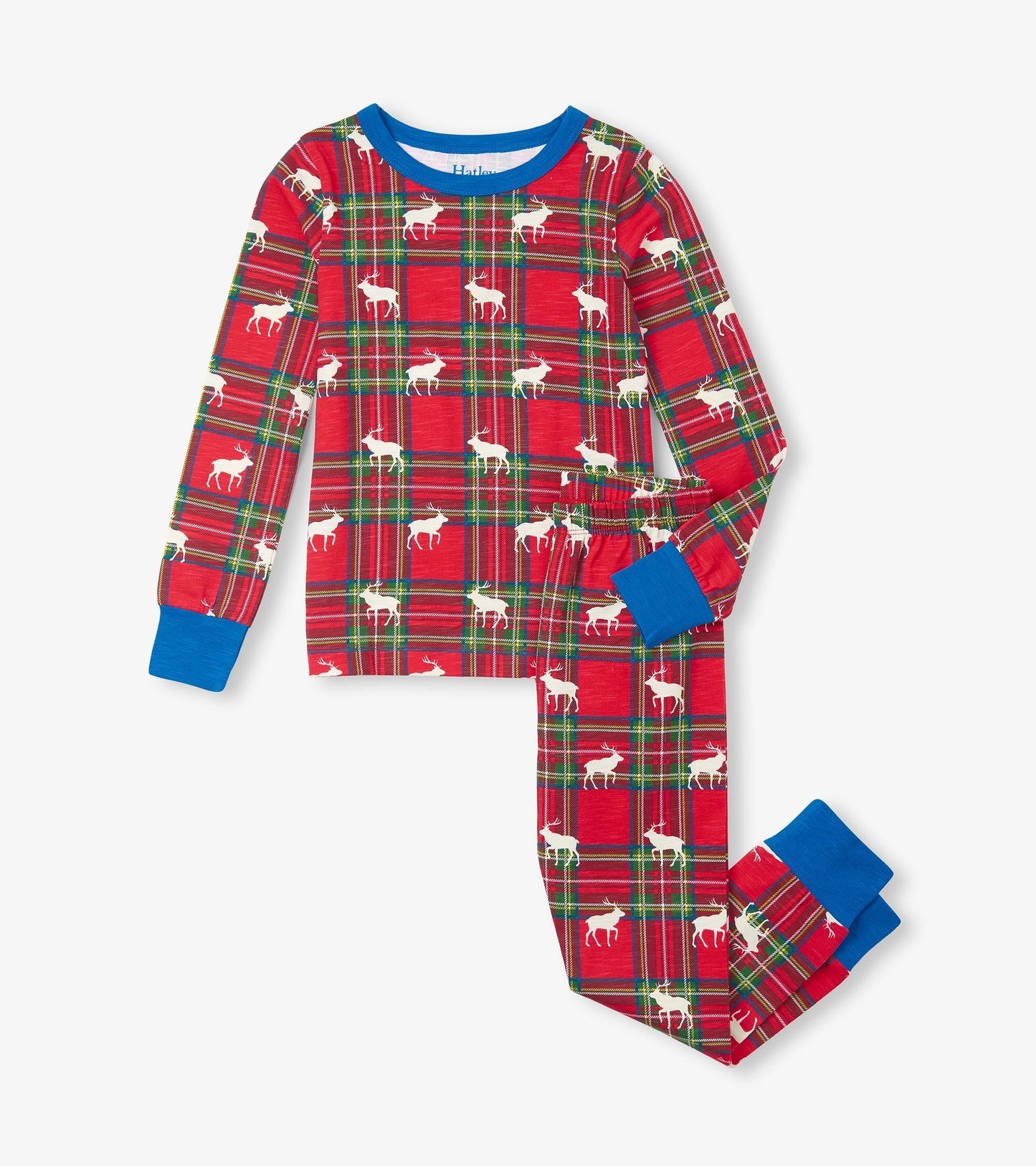 Red plaid pyjama set featuring white elk silhouettes, with blue cuffs on the long-sleeve top and pants.