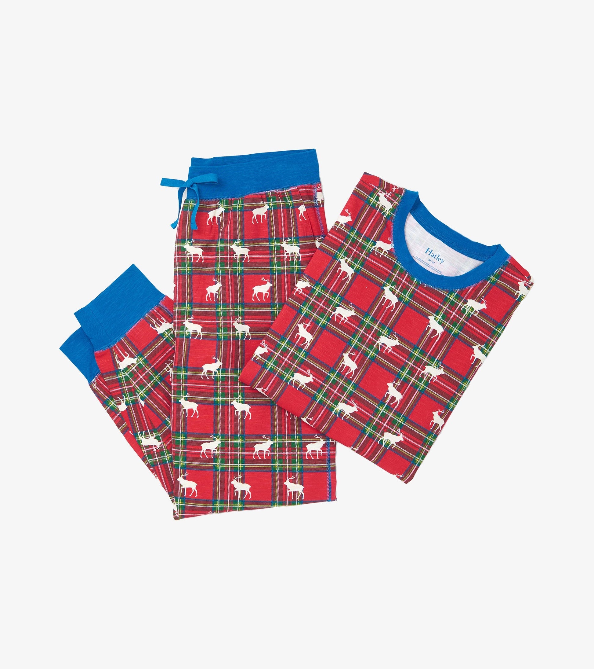 Red plaid pyjama set featuring white elk patterns, with a blue crew neck top and matching drawstring pants.