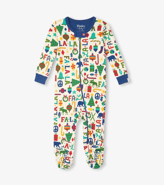 Baby blue cotton footed sleeper with festive multicolor print, featuring holiday motifs and a zip closure.