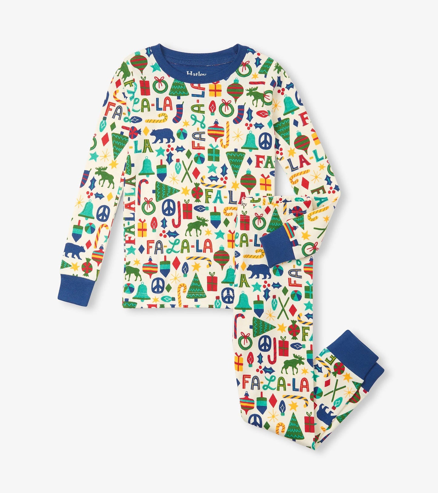 Boys' blue pyjama set featuring a festive print with trees, gifts, and animals on a cream background. Long sleeves and pants.