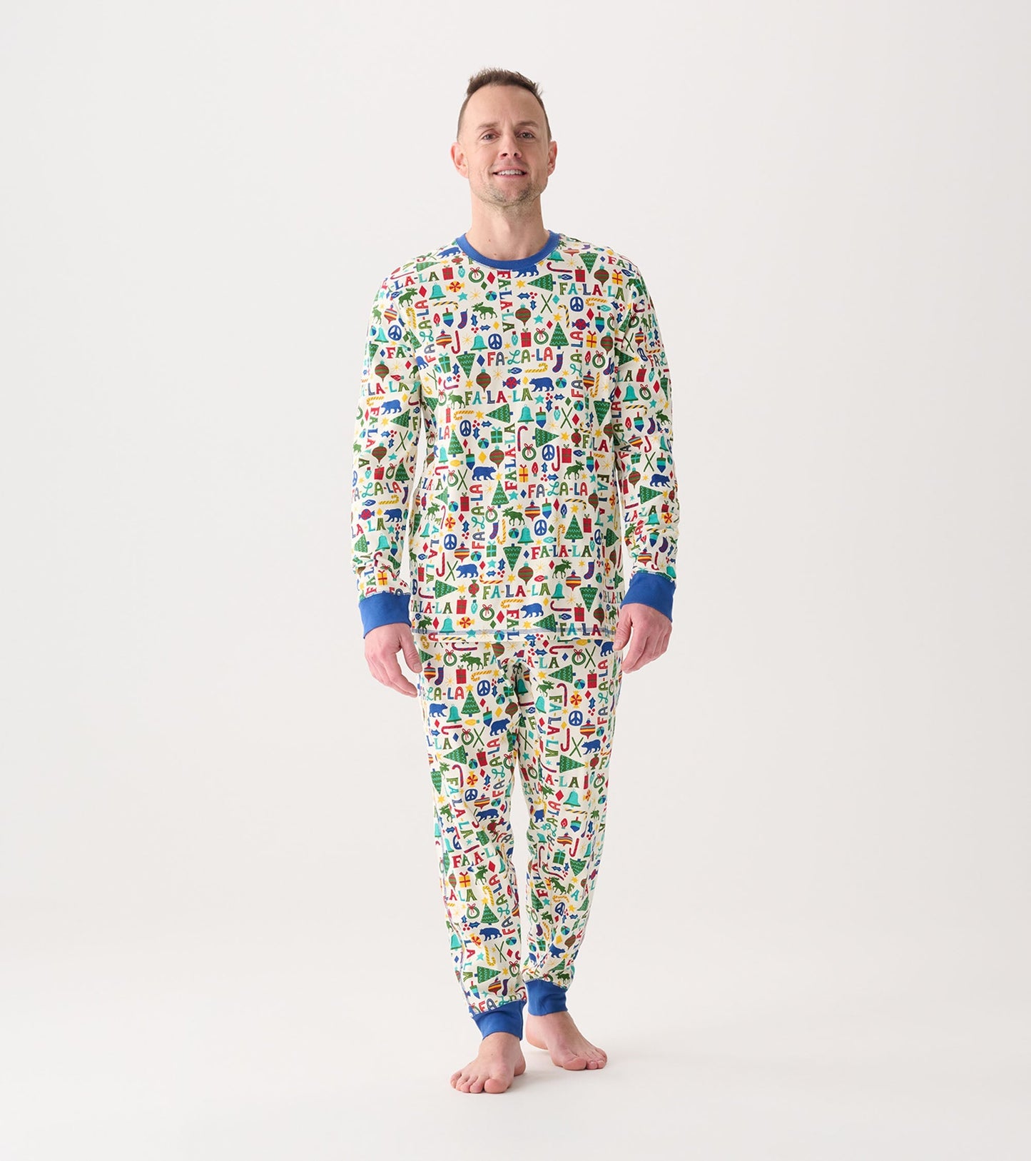 Men's blue and white pajama set featuring a festive print with various colorful patterns, designed for comfort and relaxatio…