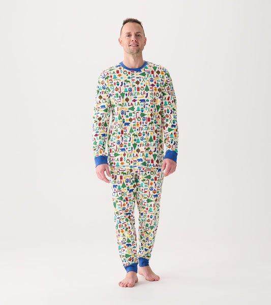 Men's blue and white pajama set featuring a festive print with various colorful patterns, designed for comfort and relaxatio…