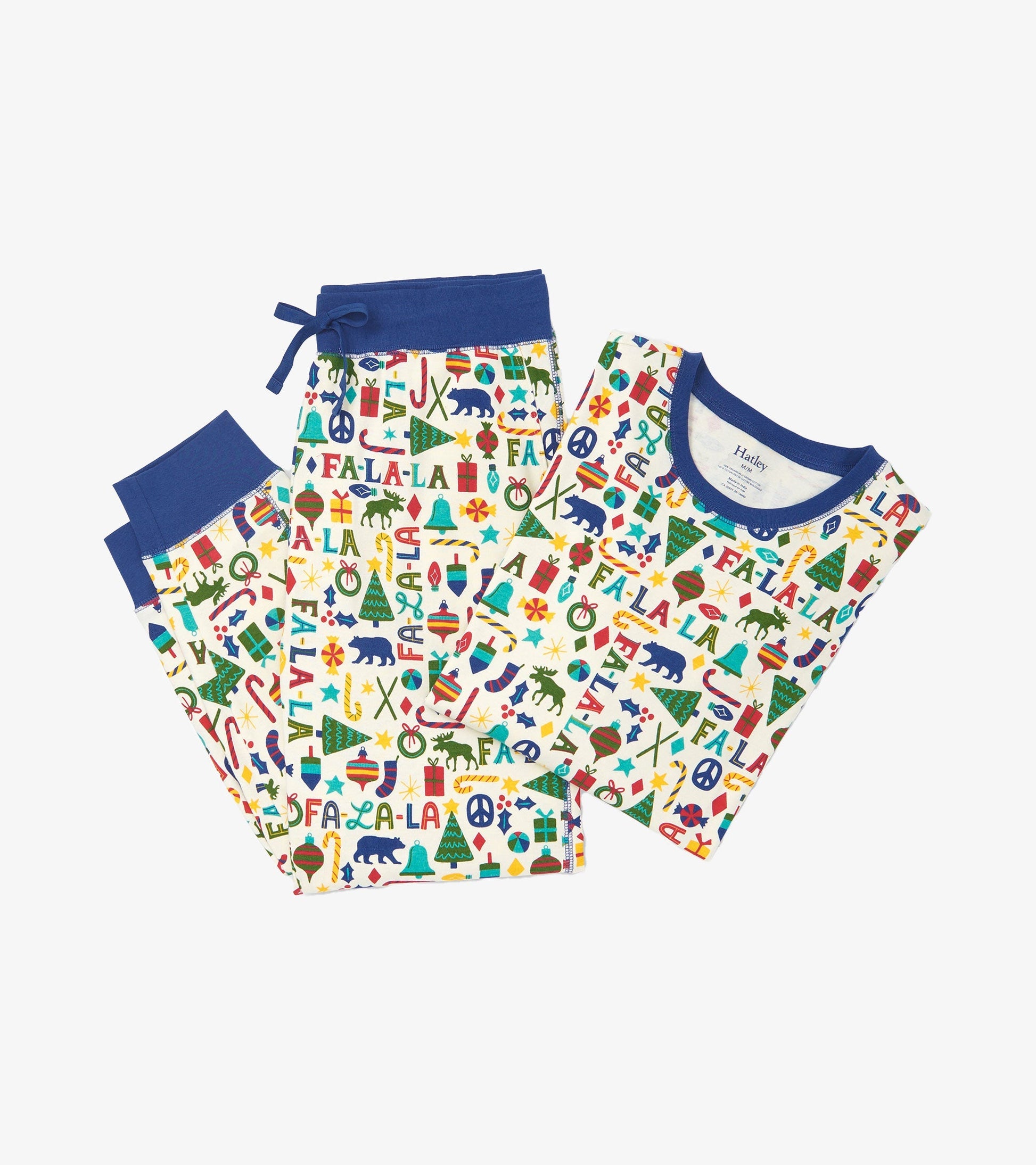 Men's blue pyjama set featuring a festive print with various holiday-themed designs on a cream background.