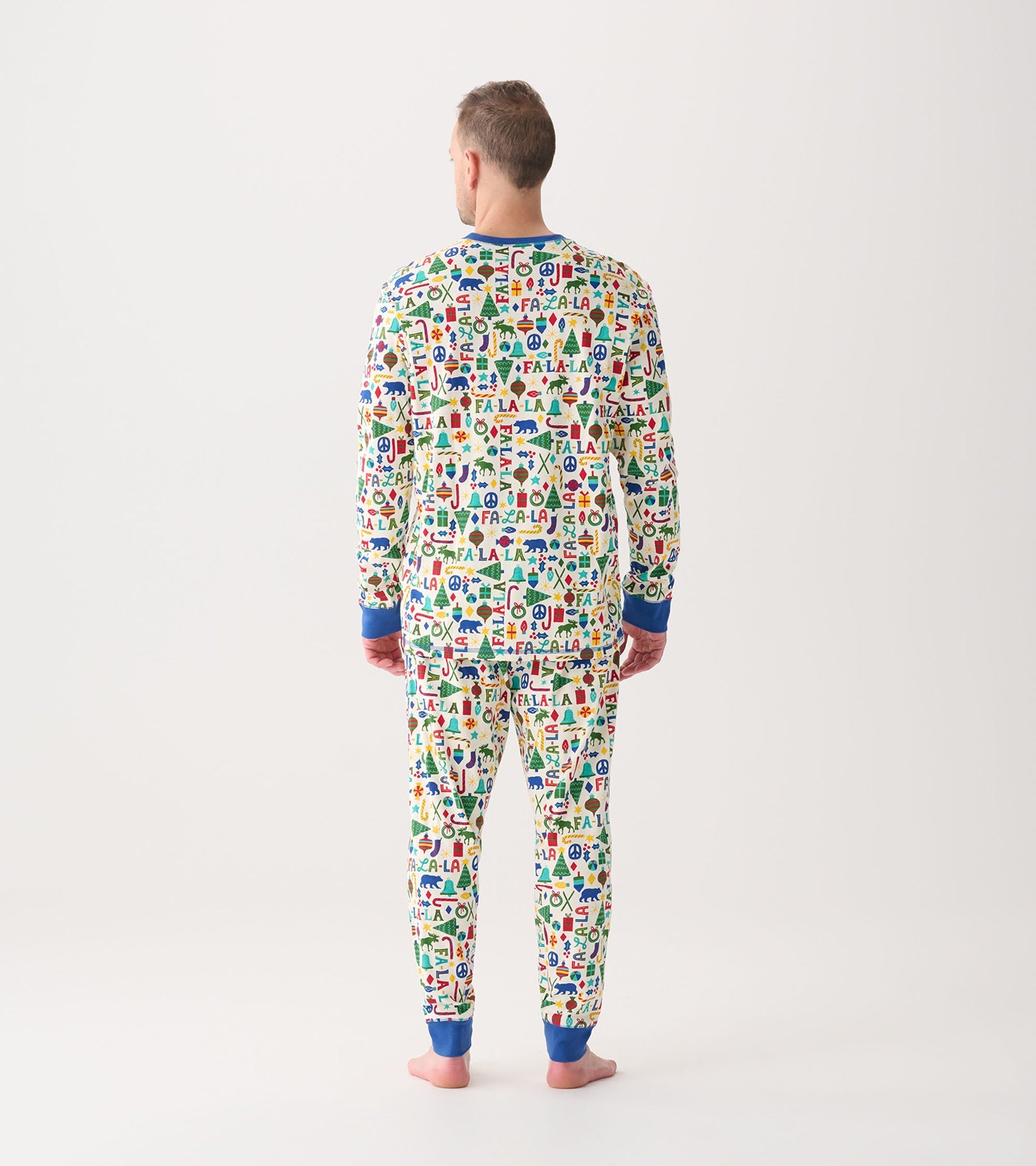 Men's blue pyjama set featuring a colorful festive pattern, shown from the back with long sleeves and pants.