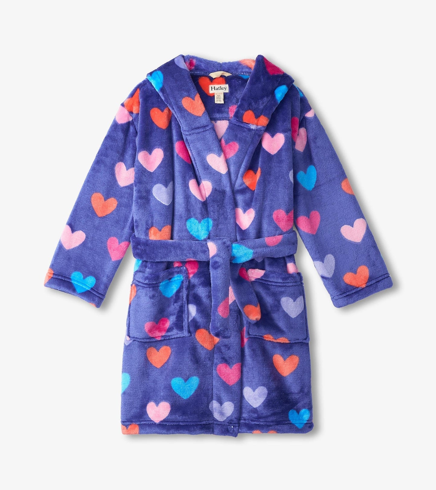 Purple fleece robe with colorful heart patterns, featuring a hood, tie belt, and two front pockets.