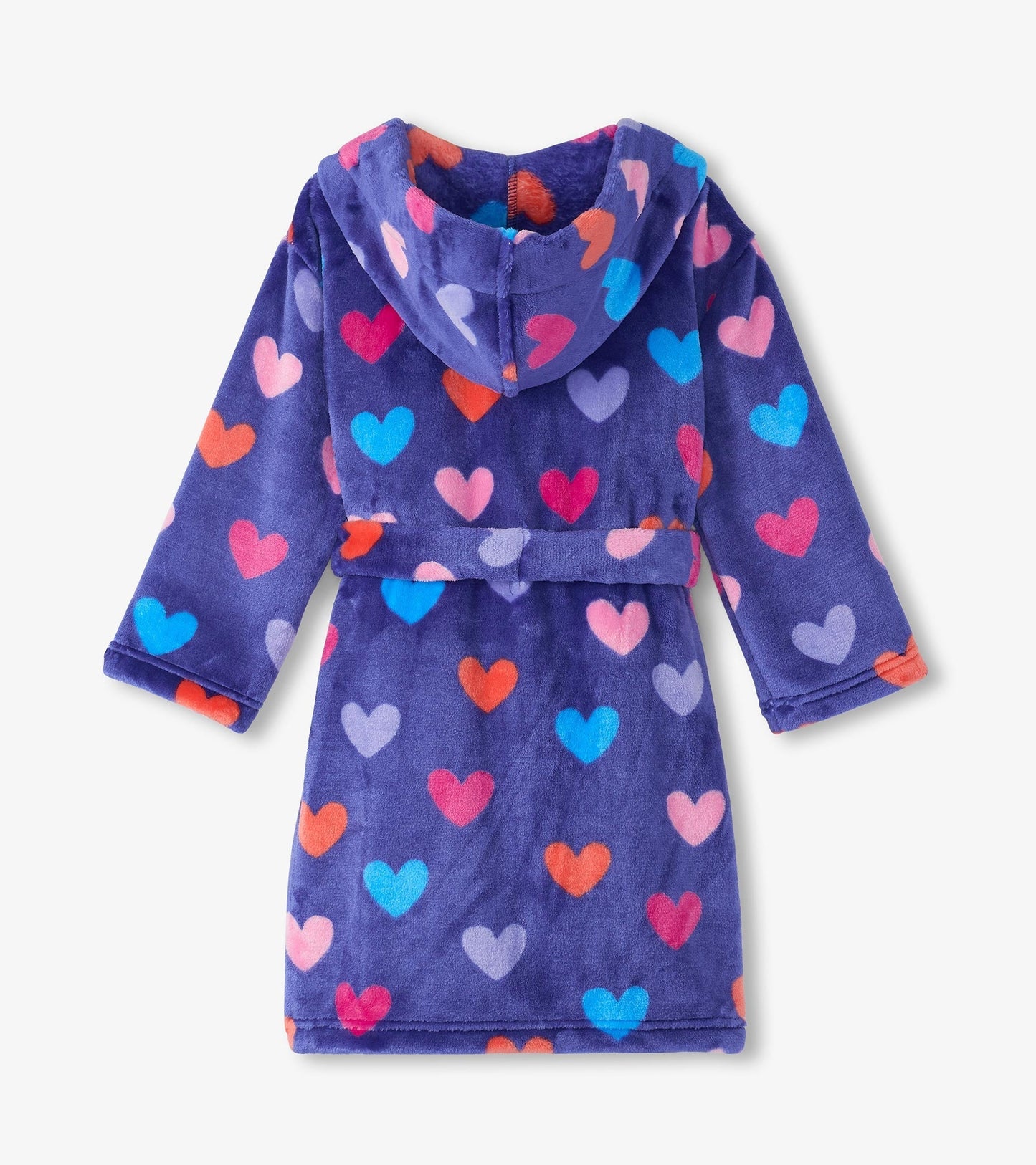 Purple fleece robe with a hood, featuring a colorful heart pattern in various shades.