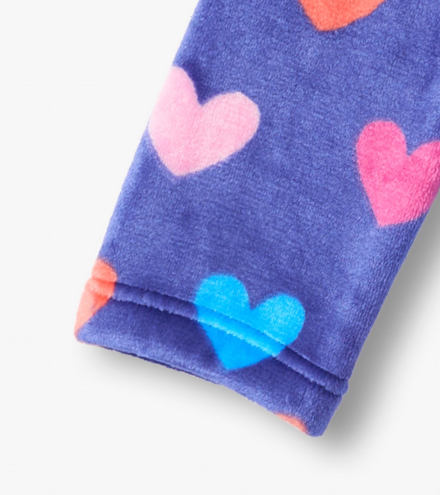 Purple fleece robe featuring colorful heart patterns in pink, blue, and orange. Suitable for baby girls.