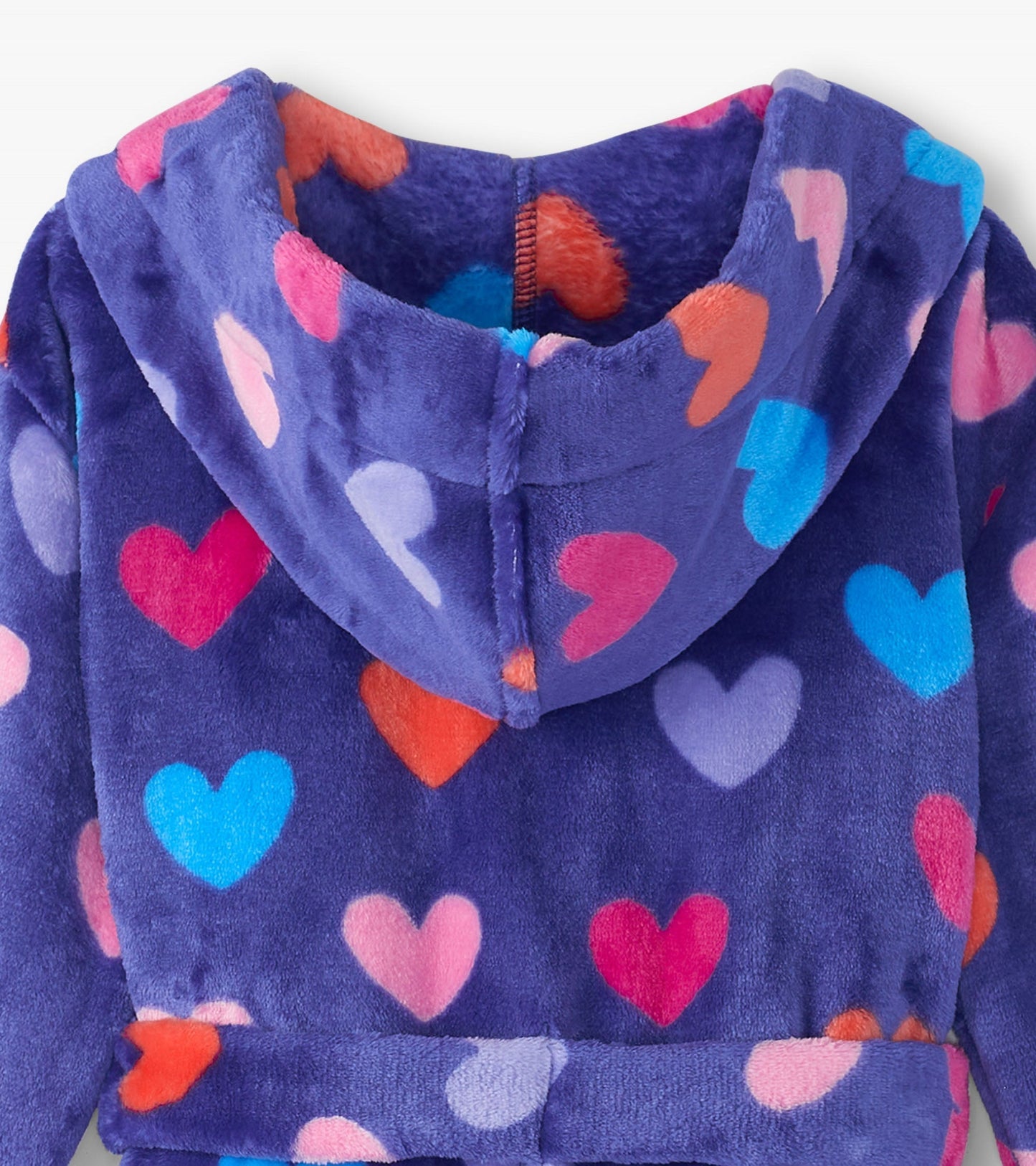 Purple fleece robe with colorful heart patterns and a hood, featuring a tie belt and soft texture.