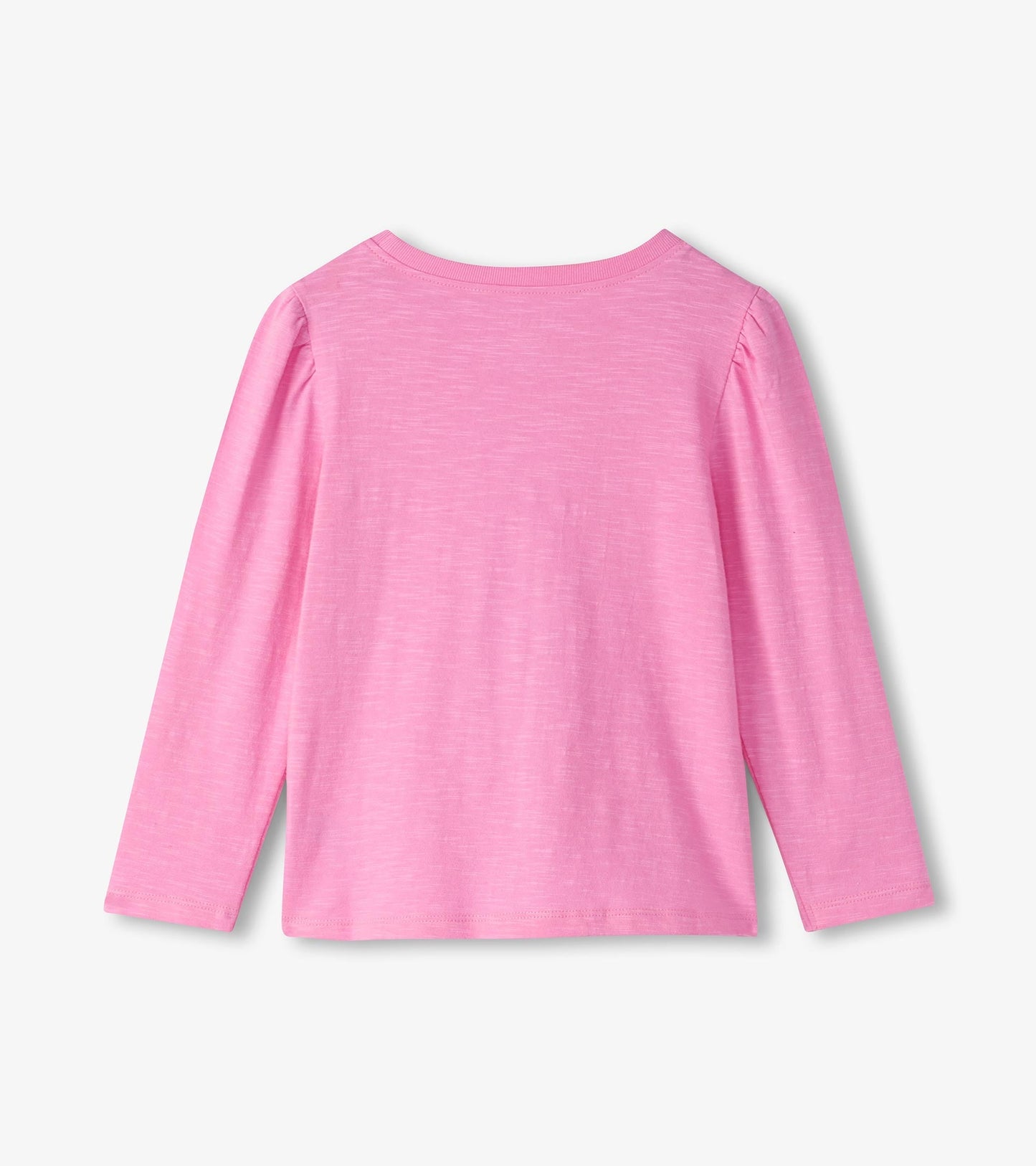 Long sleeve graphic tee in soft pink with a relaxed fit and rounded neckline, featuring gathered sleeves.