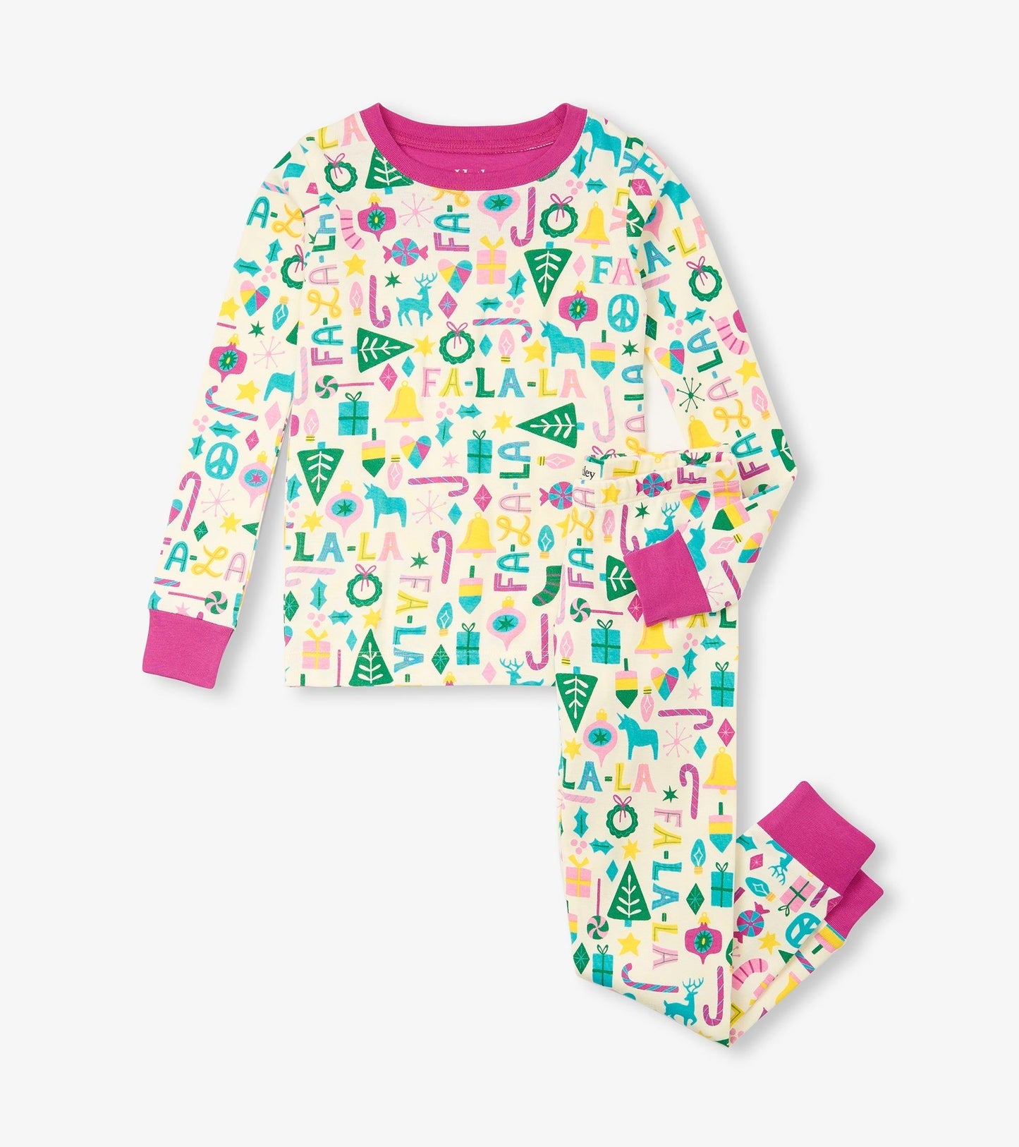Girls' pink pyjama set featuring a colorful festive print with long sleeves and matching pants.