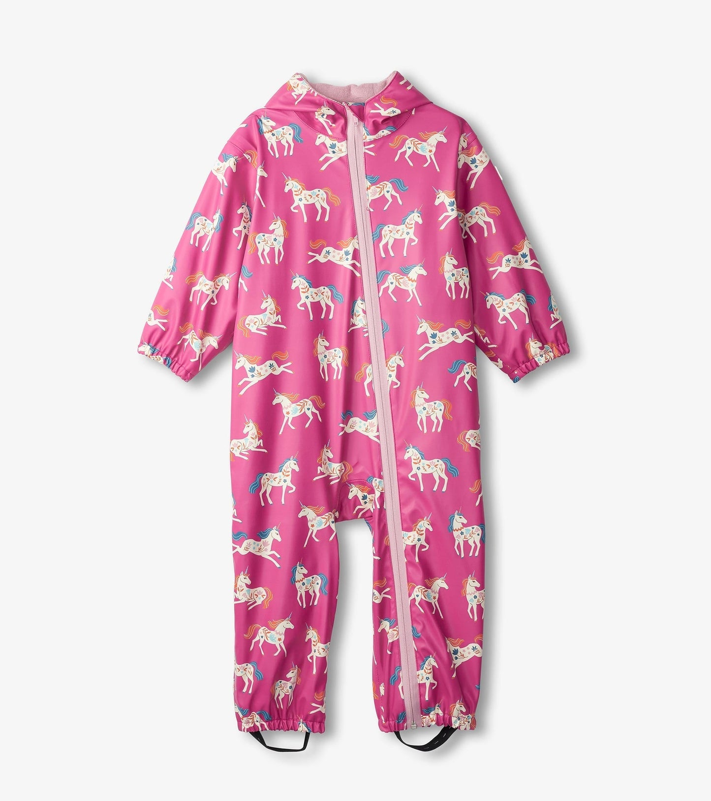 Pink rain suit for baby girls featuring a whimsical unicorn pattern, with a front zipper and elastic cuffs.