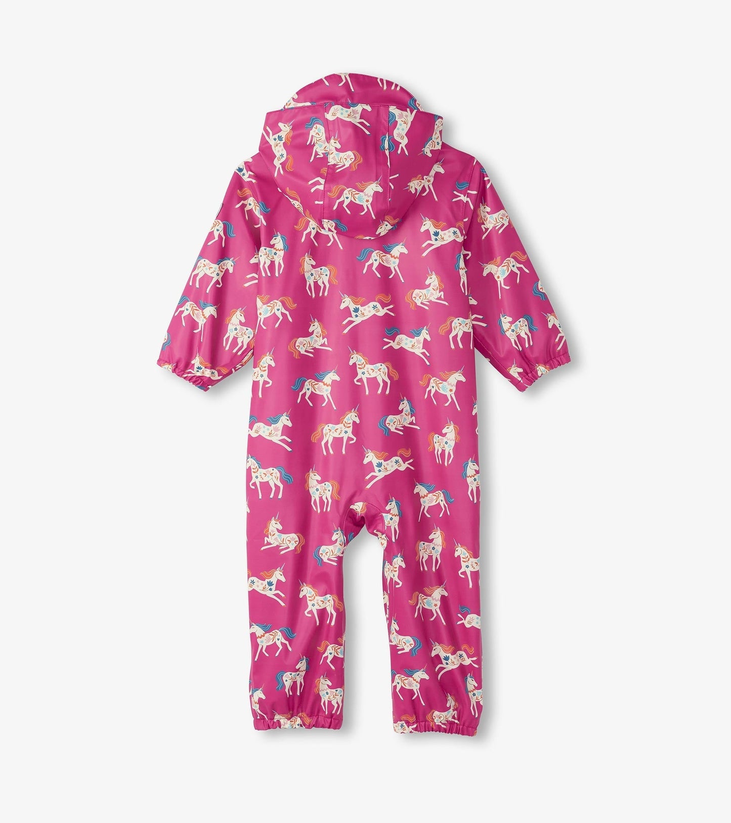 Pink rain suit featuring a whimsical unicorn pattern, with a hood and elastic cuffs for a snug fit.