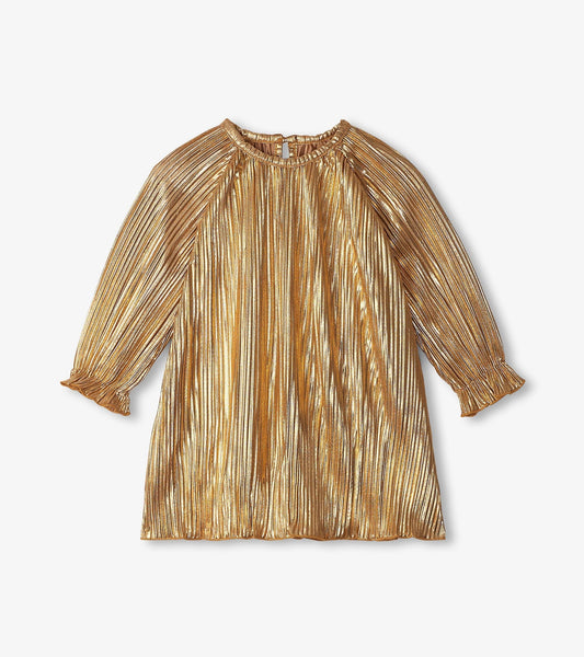 Gold metallic special dress with pleated design and long sleeves, featuring a gathered neckline and ruffled cuffs.