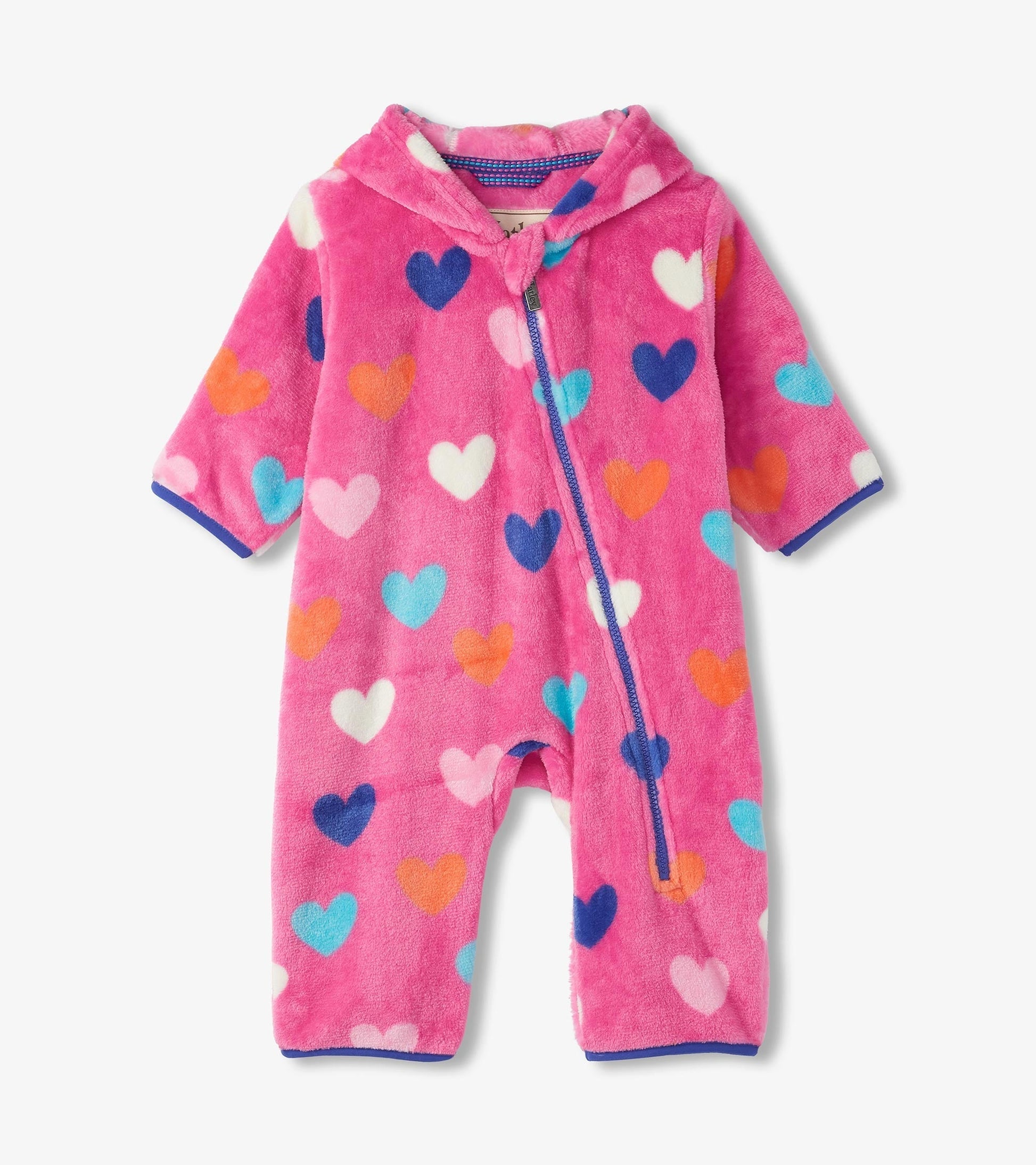 Pink fleece suit with colorful heart patterns, featuring a hood and zip closure, suitable for baby girls.