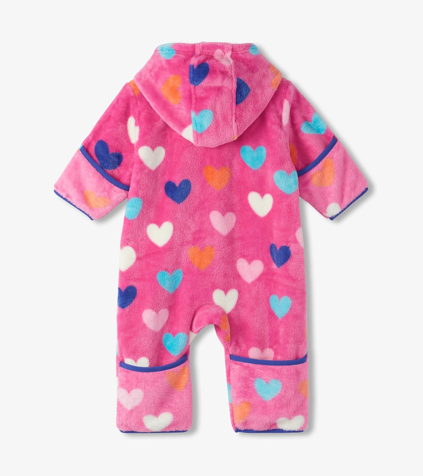 Pink fleece suit with a hood, featuring a colorful heart pattern and contrasting trim, suitable for baby girls.