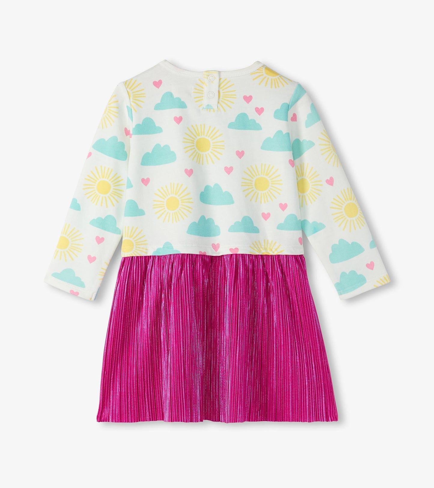 Layered knit dress featuring a cloud and sun pattern on top and a pleated pink skirt. Back view with button closure.