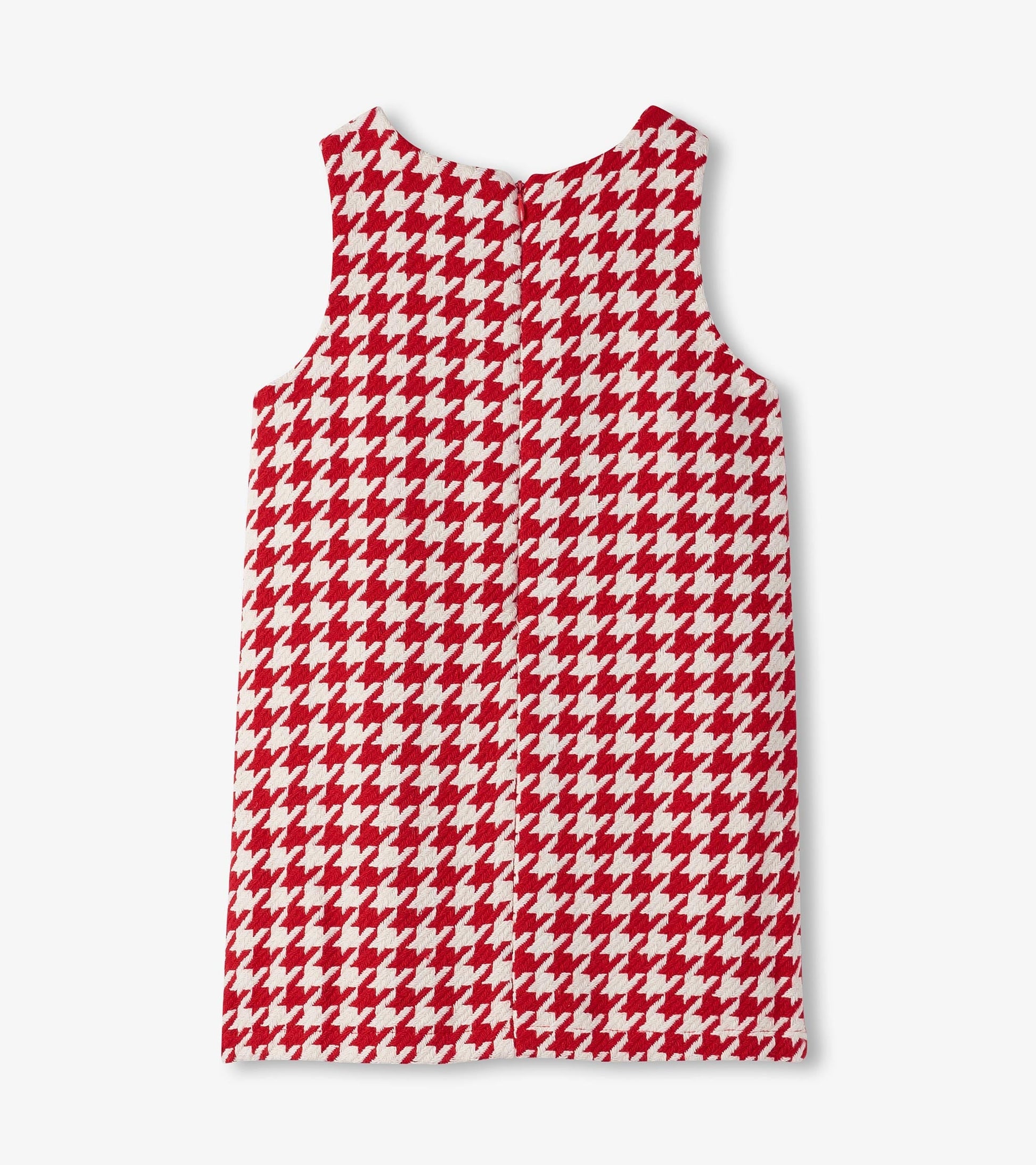 Red and white houndstooth dress with a sleeveless design and a round neckline, viewed from the back.