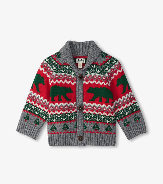 Knit cardigan featuring a shawl collar, red and green bear pattern, and button closure, suitable for babies and toddlers.