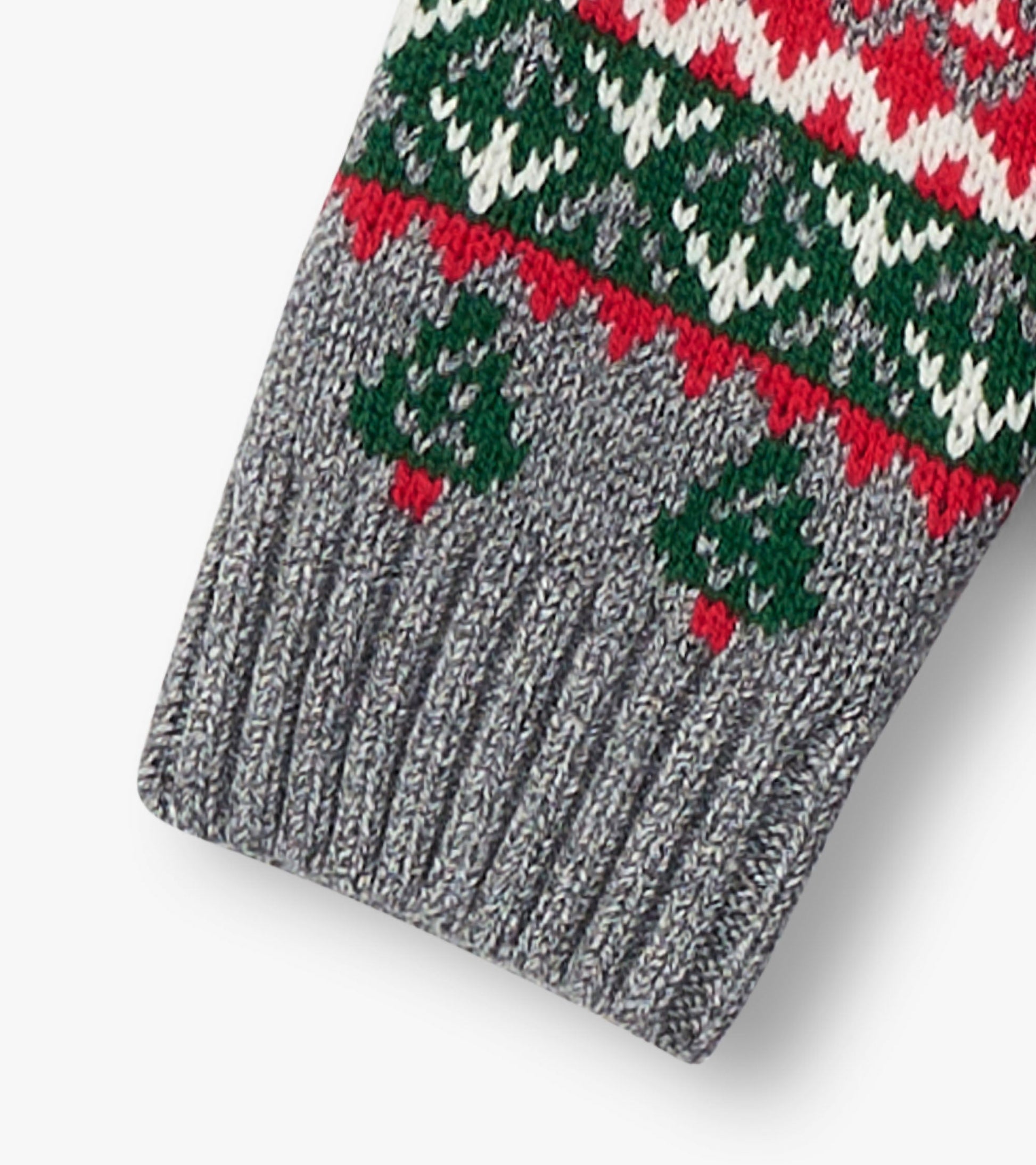 Gray knit cardigan featuring a festive pattern with red, green, and white accents, ideal for babies and toddlers.